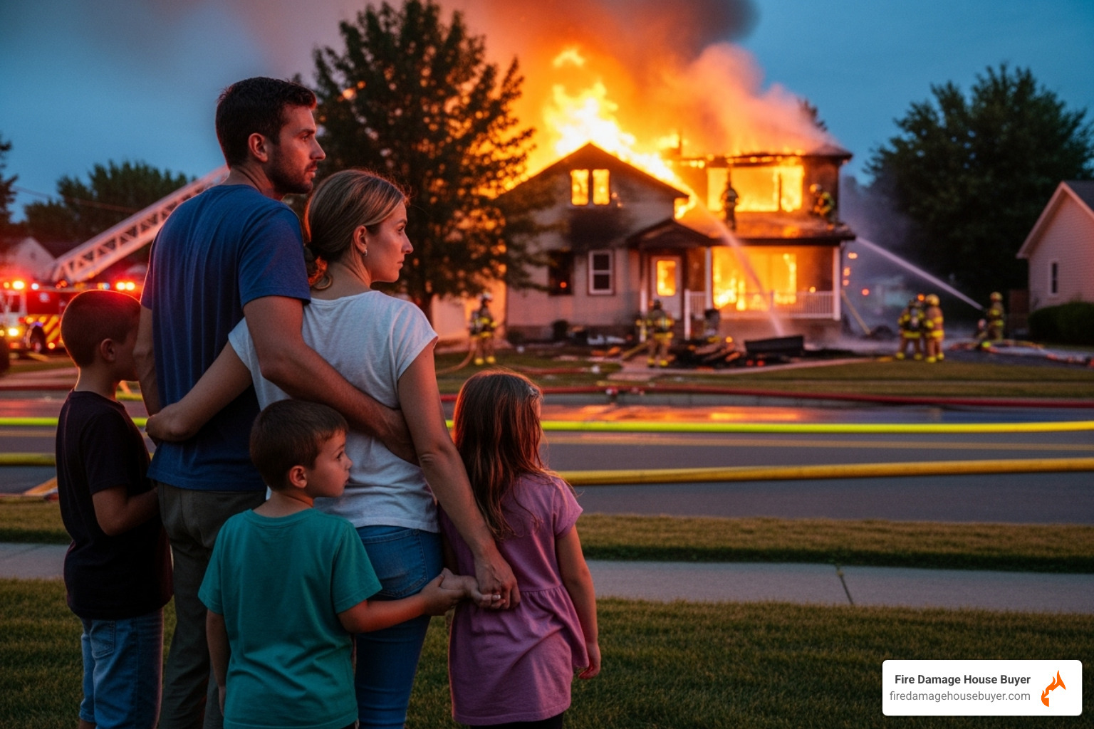 A family watches from a safe distance as firefighters work on their house - what happens if your house burns down A family watches from a safe distance as firefighters work on their house - what happens if your house burns down