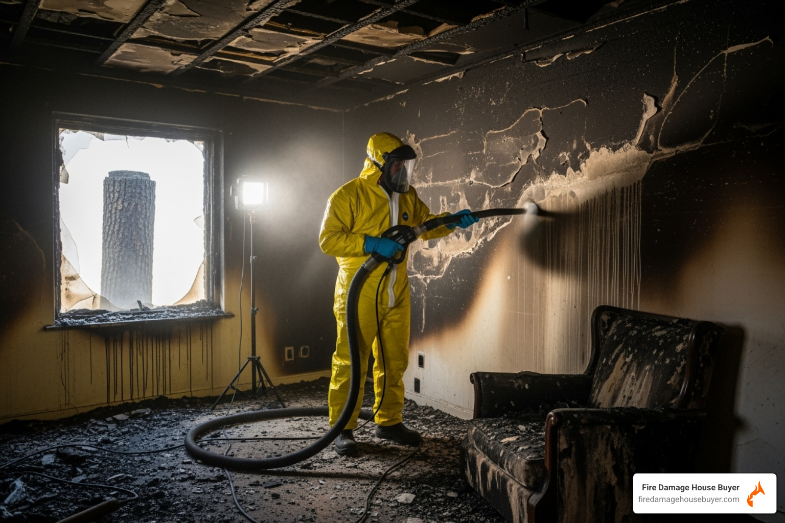 A restoration professional in a hazmat suit and mask uses specialized equipment to clean a fire-damaged room - what happens if your house burns down A restoration professional in a hazmat suit and mask uses specialized equipment to clean a fire-damaged room - what happens if your house burns down