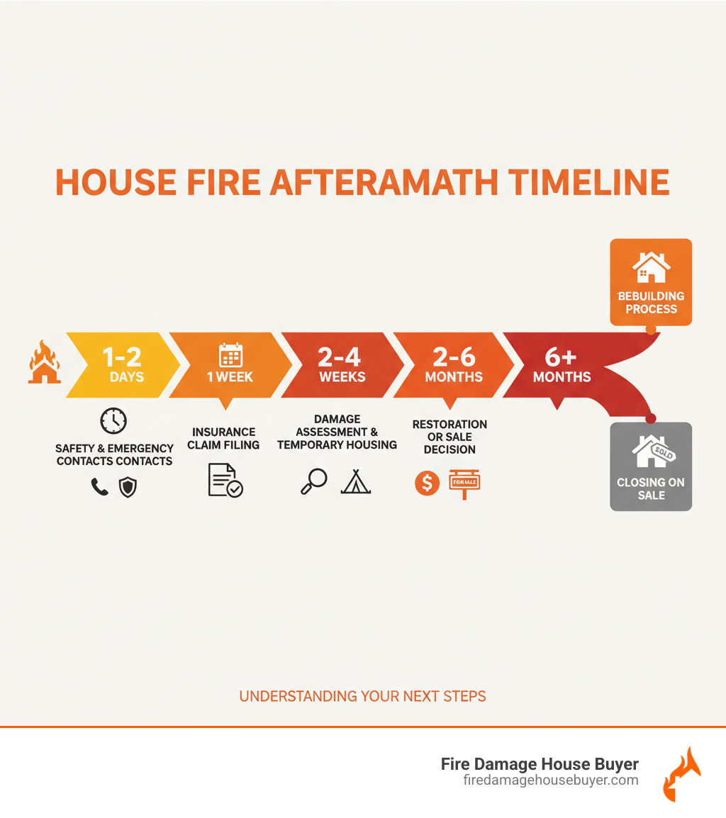 Infographic showing the complete timeline after a house fire - what happens if your house burns down infographic Infographic showing the complete timeline after a house fire - what happens if your house burns down infographic