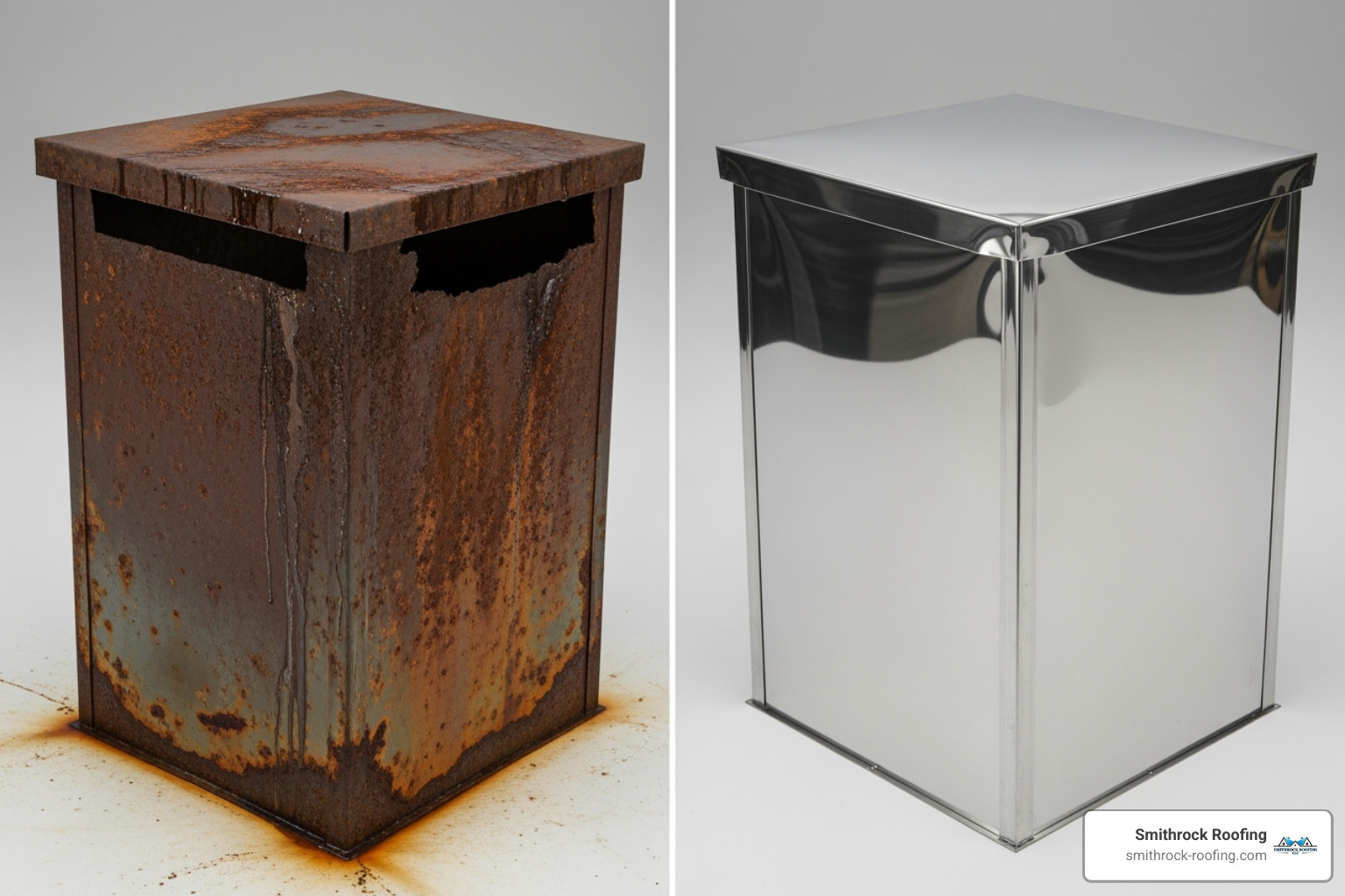 rusted and leaking chase cover next to a new stainless steel one - prefabricated chimney caps