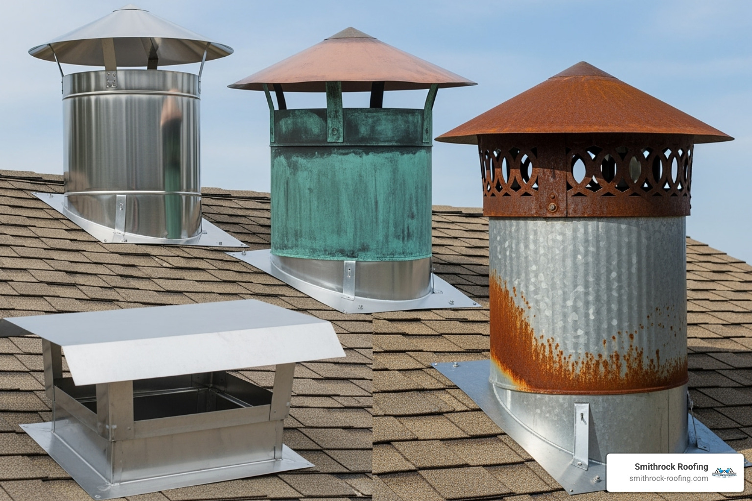 different materials (gleaming stainless steel, aged copper, rusted galvanized) and styles (a simple flat cover vs. an ornate decorative shroud) - prefabricated chimney caps