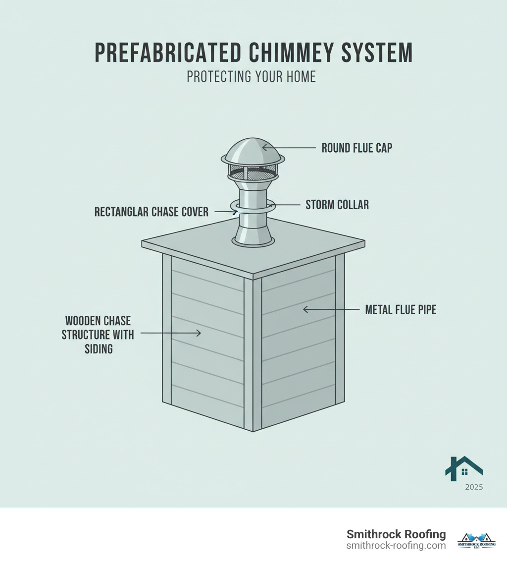 Infographic showing a cutaway view of a prefabricated chimney system with labeled components: the wooden chase structure with siding, the metal flue pipe running through the center, the large rectangular chase cover protecting the top of the chase, the round flue cap sitting on the pipe, and the storm collar sealing the gap between the pipe and chase cover - prefabricated chimney caps infographic 