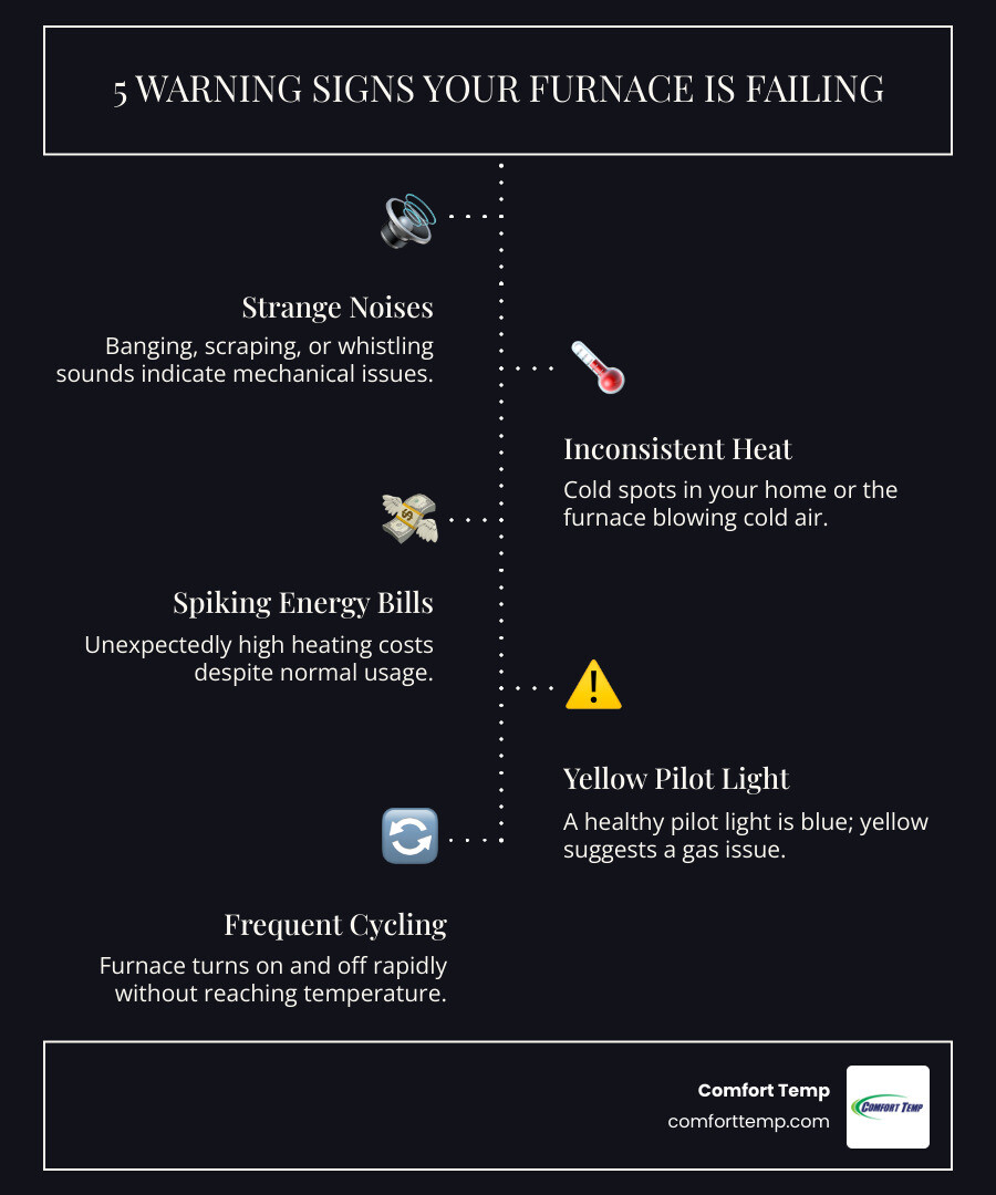 Infographic showing 5 warning signs your furnace is failing: unusual noises like banging or scraping, inconsistent heating with cold spots in your home, rising energy bills despite normal usage, yellow pilot light instead of blue flame, and frequent on-off cycling without reaching temperature - furnace repair near me infographic infographic-line-5-steps-dark Infographic showing 5 warning signs your furnace is failing: unusual noises like banging or scraping, inconsistent heating with cold spots in your home, rising energy bills despite normal usage, yellow pilot light instead of blue flame, and frequent on-off cycling without reaching temperature - furnace repair near me infographic infographic-line-5-steps-dark