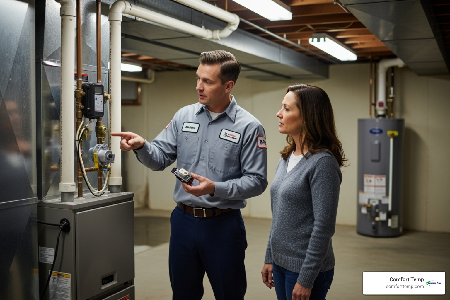 technician showing homeowner furnace part - furnace repair near me technician showing homeowner furnace part - furnace repair near me