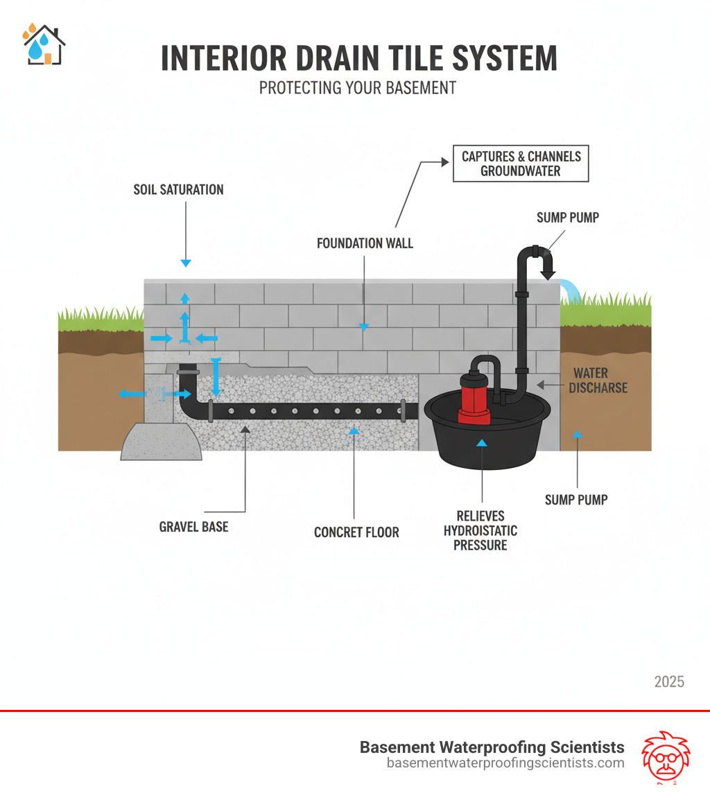 infographic showing cross-section of basement foundation with interior drain tile system at the base of the footing, collecting water through perforated pipe surrounded by gravel, directing water to a sump pump pit, with arrows showing water flow from soil through system to discharge outside home - installing interior drain tile system infographic 
