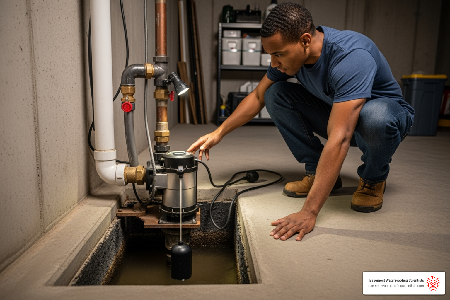 A homeowner checking the water level and operation of their sump pump in a basement - installing interior drain tile system