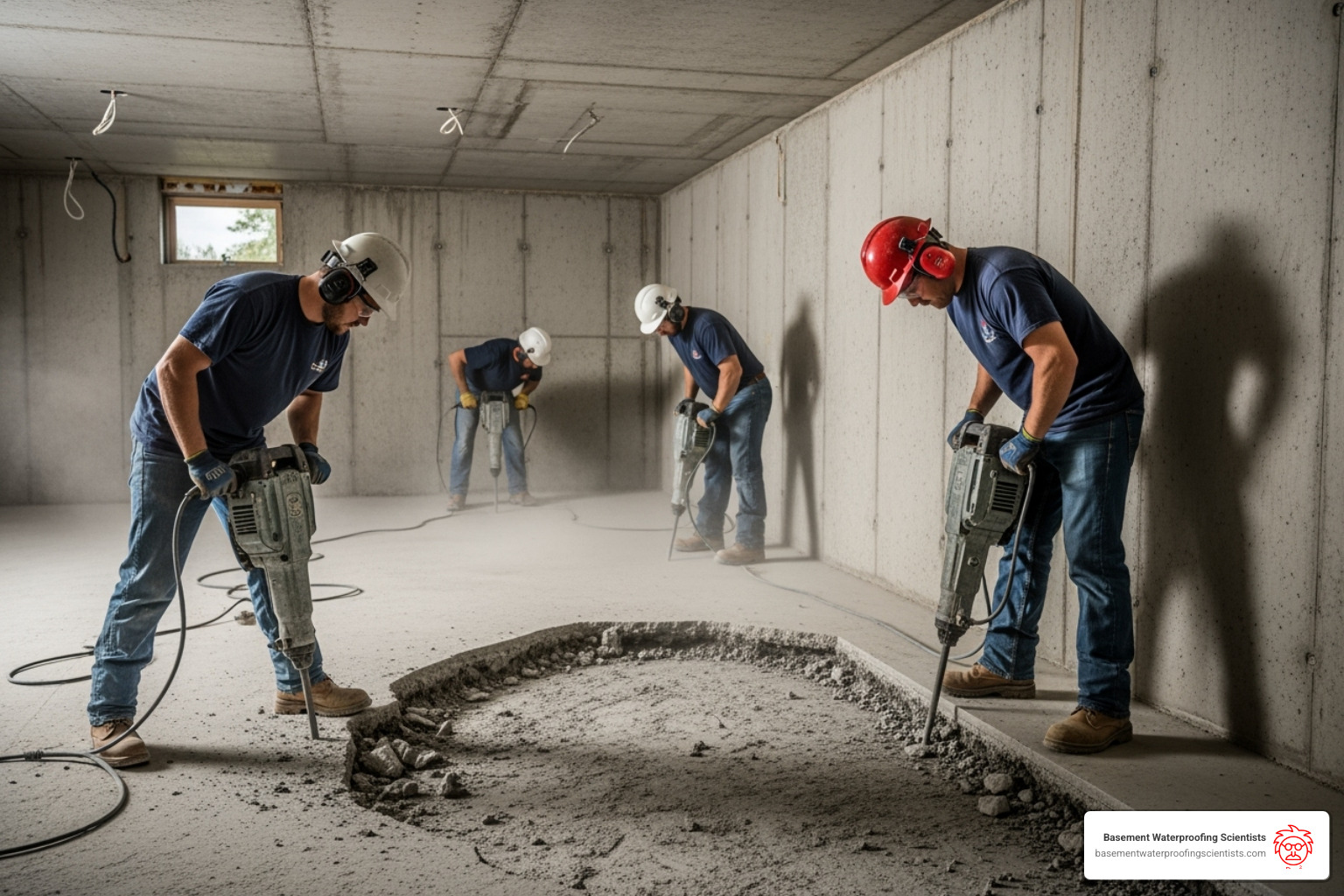 A professional crew using jackhammers to break up concrete along the perimeter of a basement floor - installing interior drain tile system