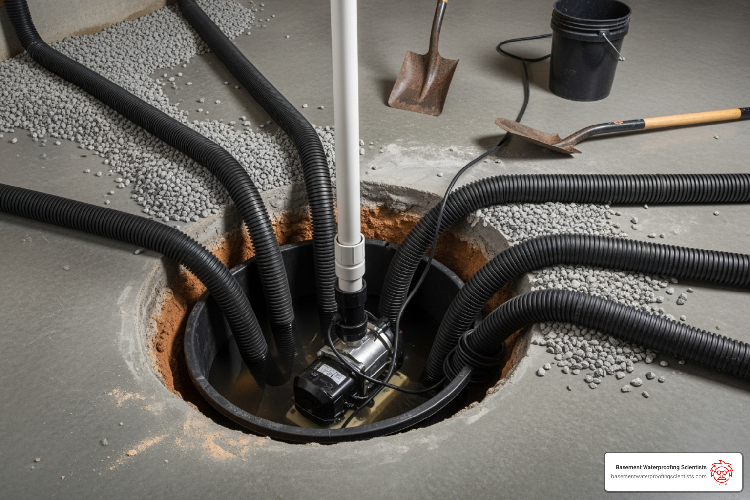 A sump pump being installed in a sump pit, with perforated drain tile pipes clearly visible leading into the pit - installing interior drain tile system