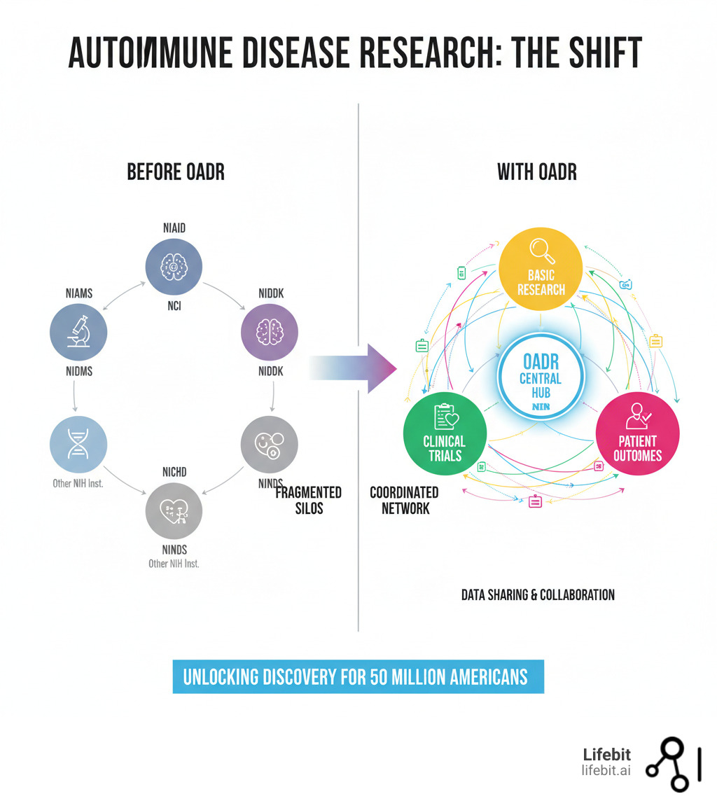 Infographic showing the transformation from fragmented autoimmune disease research across separate NIH institutes (shown as isolated circles) to the OADR's coordinated approach (shown as interconnected network), with data flowing between basic research, clinical trials, and patient outcomes through a central hub - Office of Auto Immune Disease Research infographic 