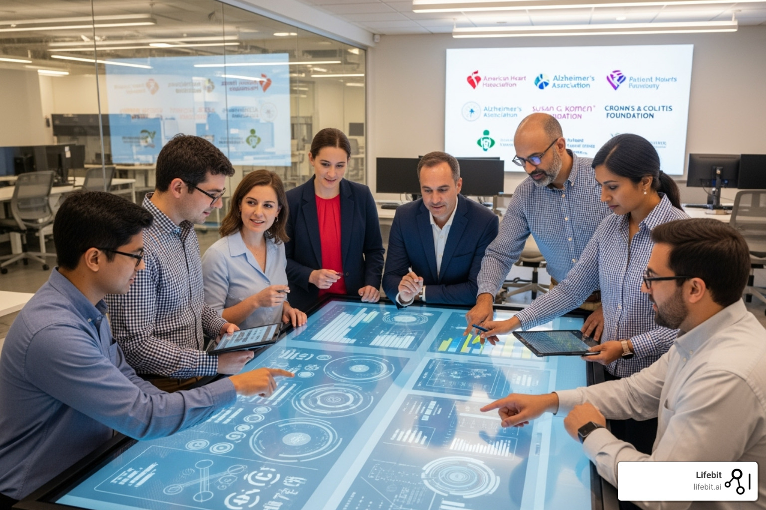 Image of a diverse group of researchers collaborating around a large screen, with patient advocacy group logos subtly visible in the background - Office of Auto Immune Disease Research