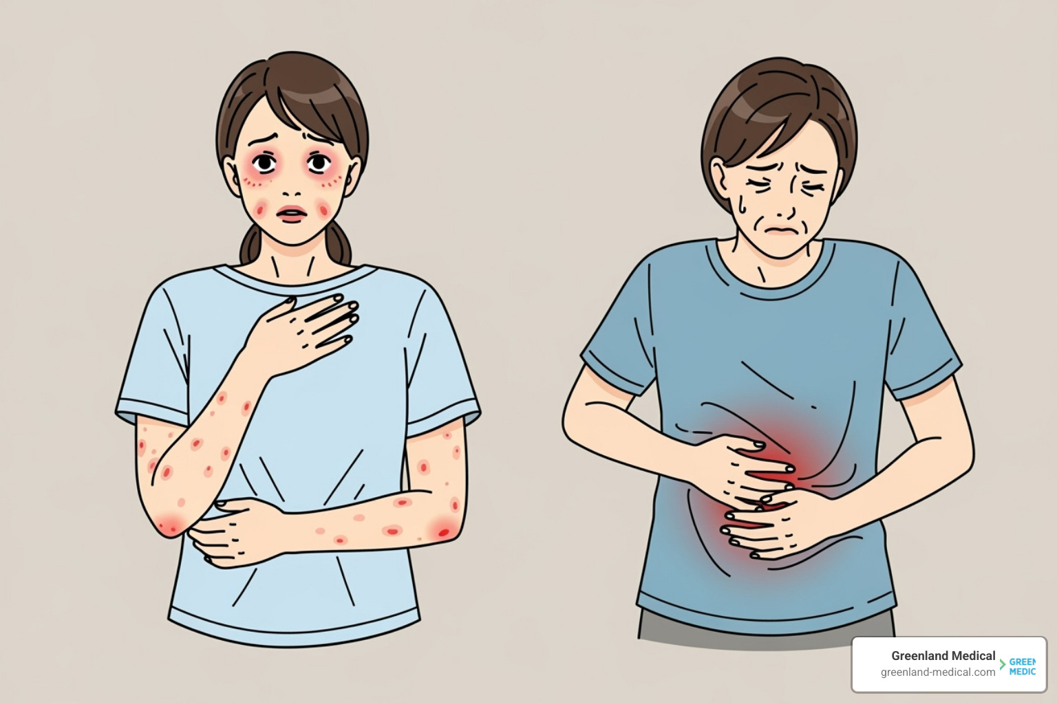 Illustration showing a clear distinction between an immune system response (e.g., hives and swollen throat for allergy) and a digestive system response (e.g., bloating and stomach cramps for intolerance) - food allergy test kit Illustration showing a clear distinction between an immune system response (e.g., hives and swollen throat for allergy) and a digestive system response (e.g., bloating and stomach cramps for intolerance) - food allergy test kit
