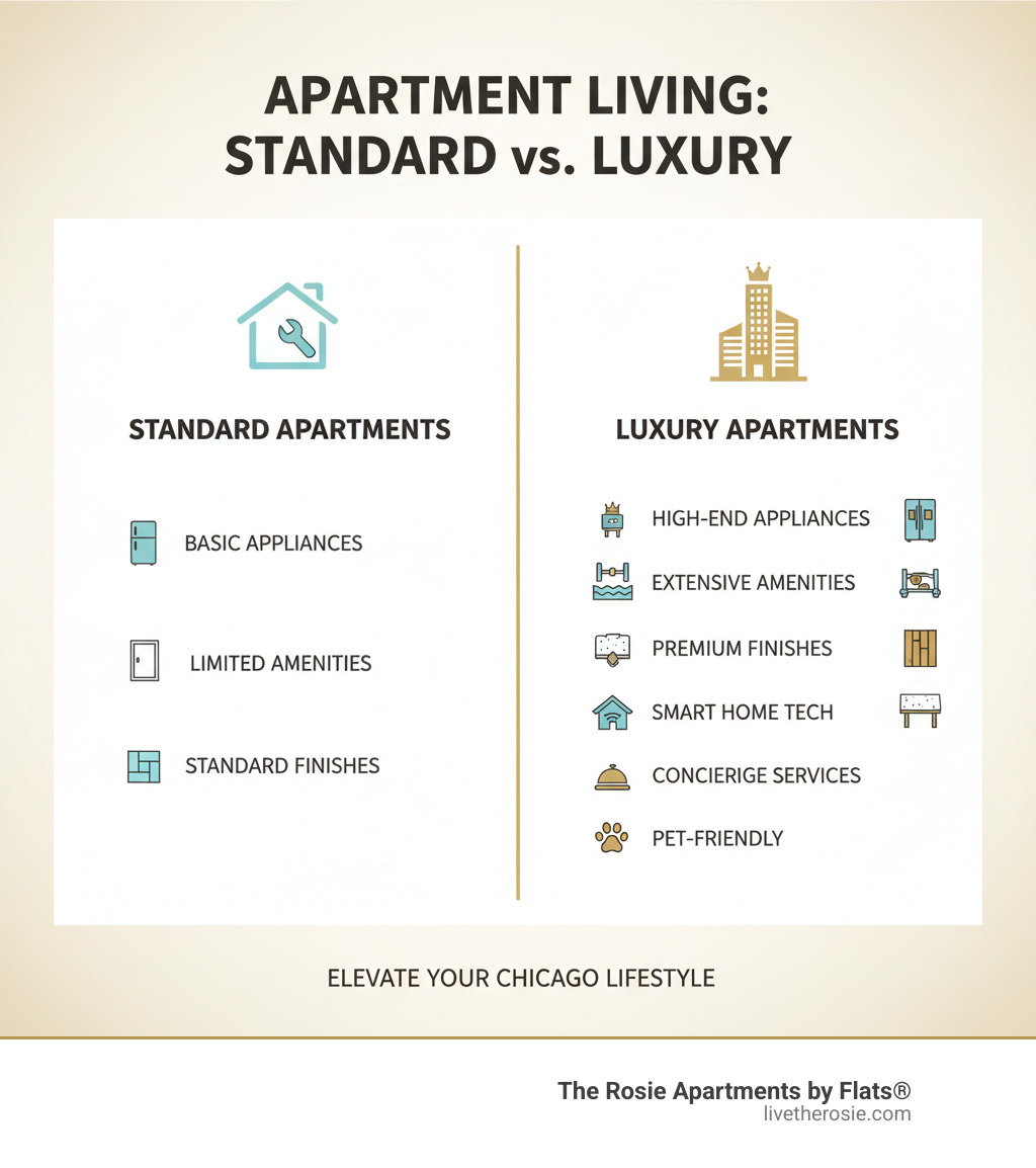 Infographic comparing standard apartments (basic appliances, limited amenities, standard finishes) versus luxury apartments (high-end appliances, extensive amenities including pools and fitness centers, premium finishes like quartz and hardwood, smart home technology, concierge services, pet-friendly facilities) - Chicago luxury apartment infographic 