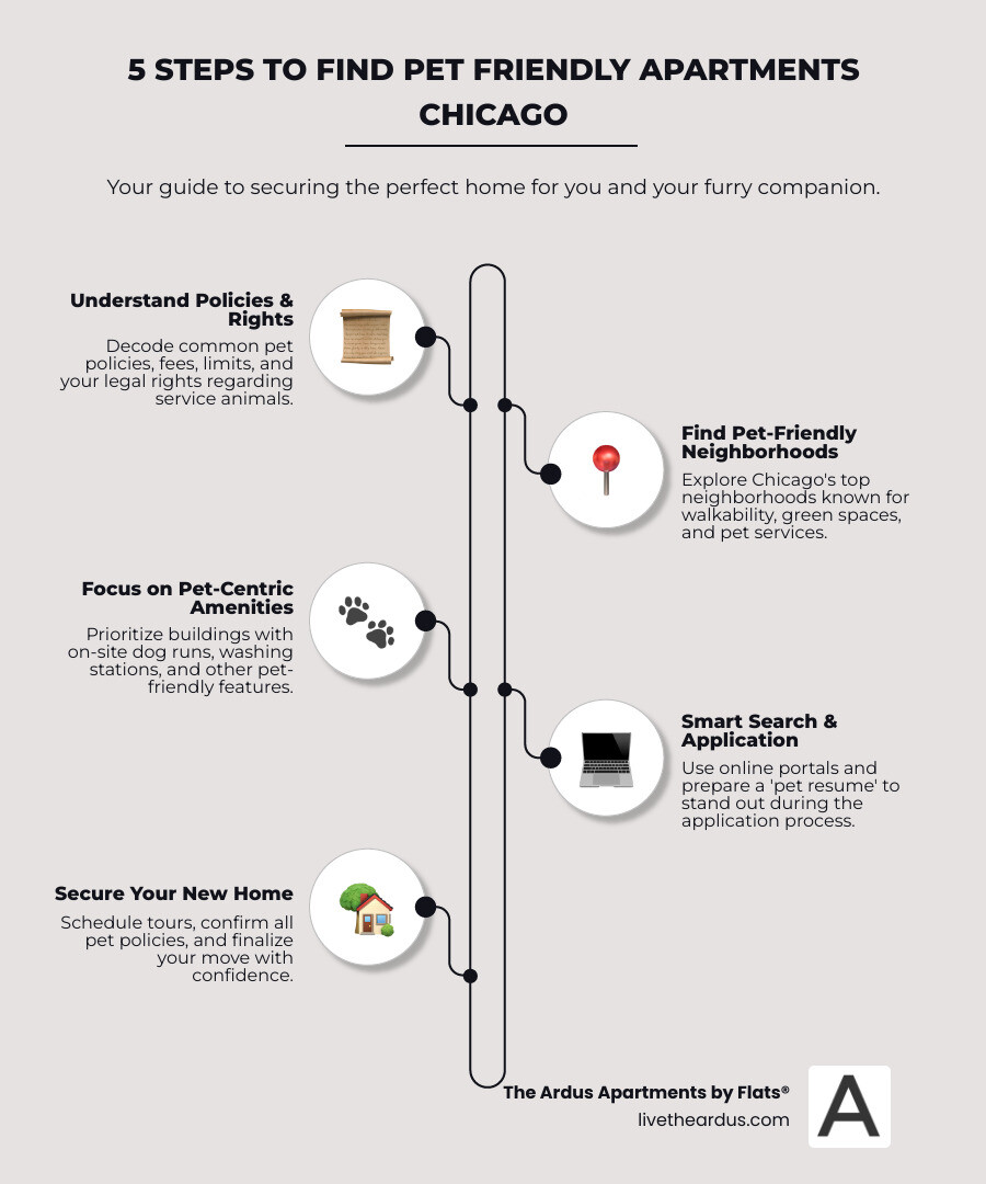 Infographic showing the 5 steps to find pet friendly apartments in Chicago: 1) Understand pet policies and legal rights including fees, limits, and service animal protections, 2) Research pet-friendly neighborhoods with parks and walkability scores, 3) Prioritize buildings with pet amenities like dog runs and washing stations, 4) Use online resources and create a pet resume for applications, 5) Schedule tours and confirm all pet policies in writing before signing - Pet Friendly Apartments Chicago infographic infographic-line-5-steps-elegant_beige