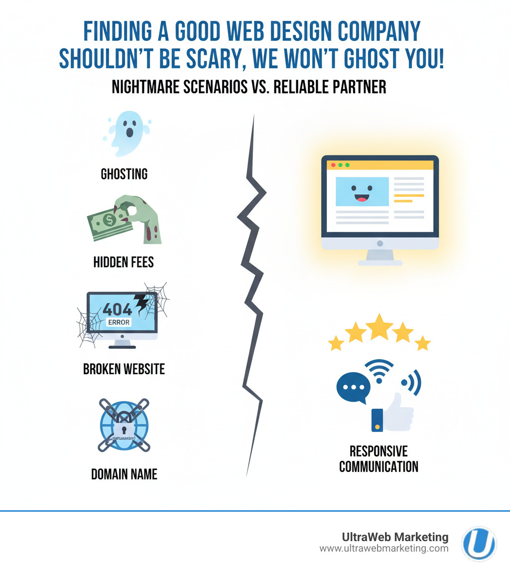 infographic showing the nightmare scenarios of bad web designers: a vanishing ghost labeled ghosting, a zombie hand grabbing money for hidden fees, a broken website with cobwebs, and a locked chain around a domain name, contrasted with a bright happy website with 5 stars and responsive communication icons - Finding a good web design company shouldn't be SCARY", "We Won't Ghost You. infographic infographic showing the nightmare scenarios of bad web designers: a vanishing ghost labeled ghosting, a zombie hand grabbing money for hidden fees, a broken website with cobwebs, and a locked chain around a domain name, contrasted with a bright happy website with 5 stars and responsive communication icons - Finding a good web design company shouldn't be SCARY", "We Won't Ghost You. infographic