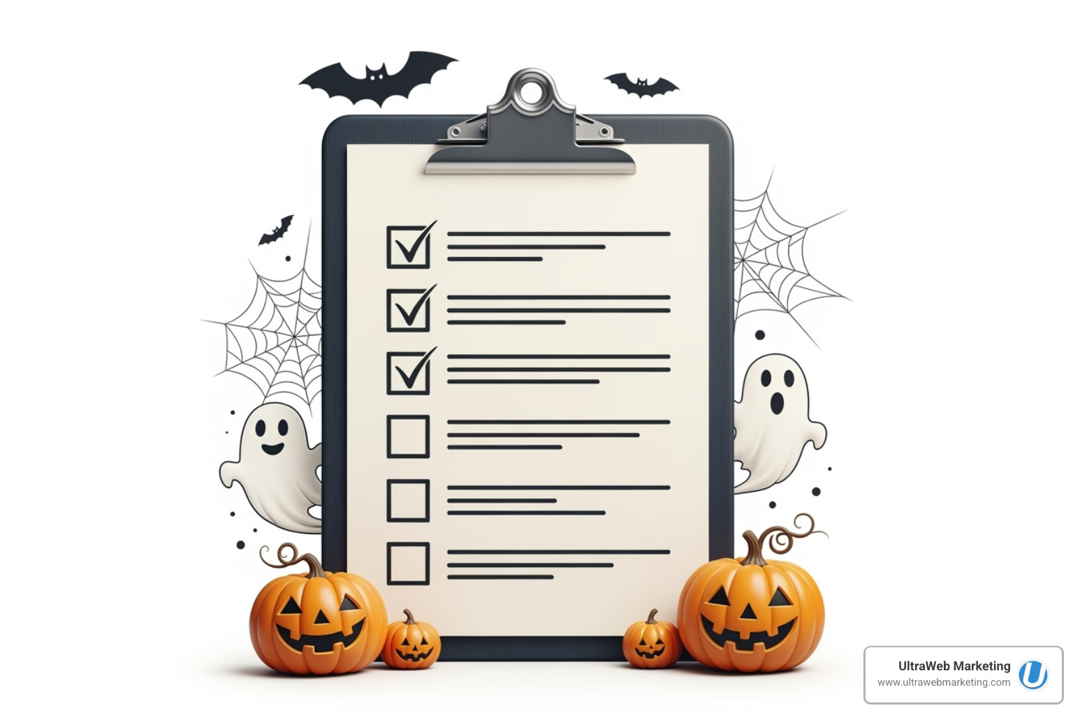 Halloween-themed checklist on a clipboard, with items like "Check Reviews," "Ask About Process," and "Confirm Ownership" written in spooky font - Finding a good web design company shouldn't be SCARY", "We Won't Ghost You. Halloween-themed checklist on a clipboard, with items like "Check Reviews," "Ask About Process," and "Confirm Ownership" written in spooky font - Finding a good web design company shouldn't be SCARY", "We Won't Ghost You.