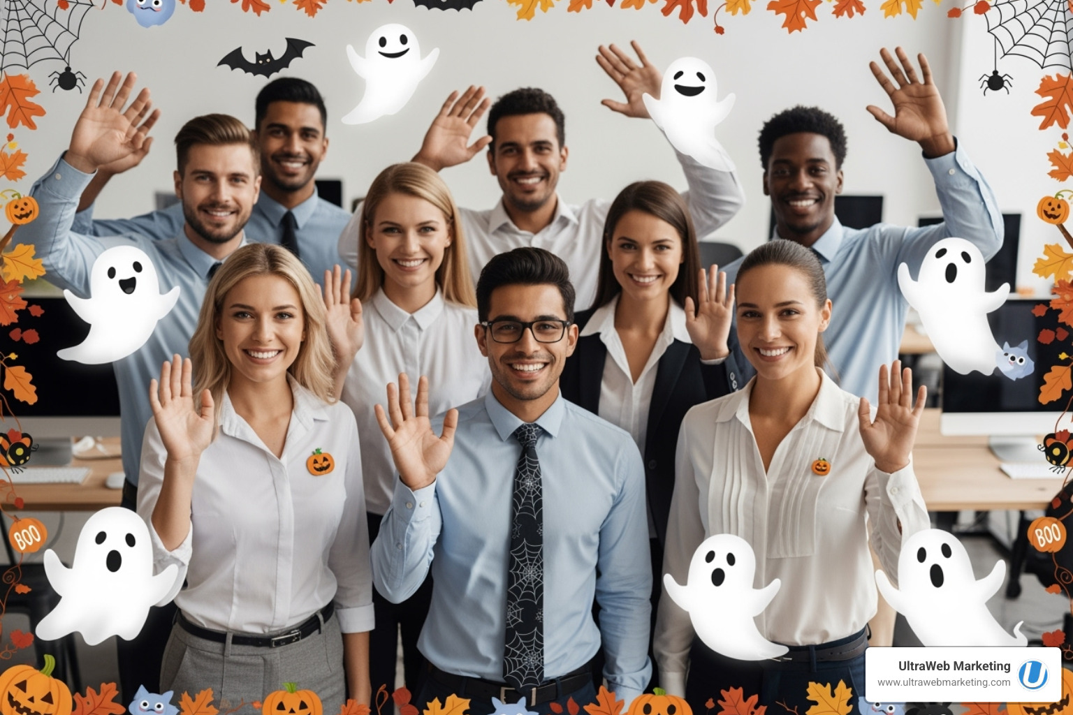 UltraWeb Marketing team smiling and waving, with a festive Halloween-themed border and friendly ghosts floating around - Finding a good web design company shouldn't be SCARY", "We Won't Ghost You. UltraWeb Marketing team smiling and waving, with a festive Halloween-themed border and friendly ghosts floating around - Finding a good web design company shouldn't be SCARY", "We Won't Ghost You.