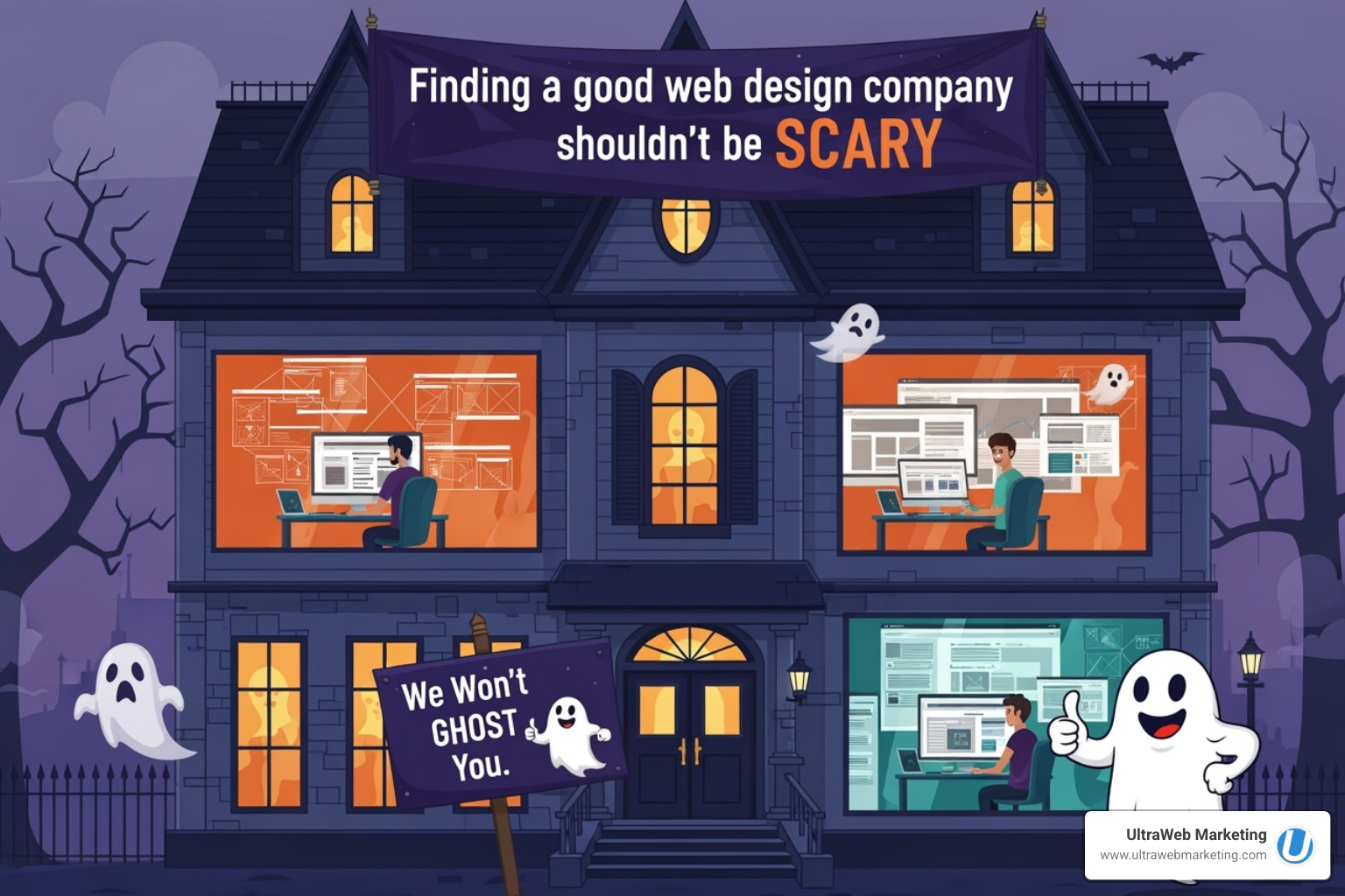 magnifying glass revealing glowing 5-star reviews over a sleek website design for a local Boca Raton business - Finding a good web design company shouldn't be SCARY", "We Won't Ghost You. magnifying glass revealing glowing 5-star reviews over a sleek website design for a local Boca Raton business - Finding a good web design company shouldn't be SCARY", "We Won't Ghost You.
