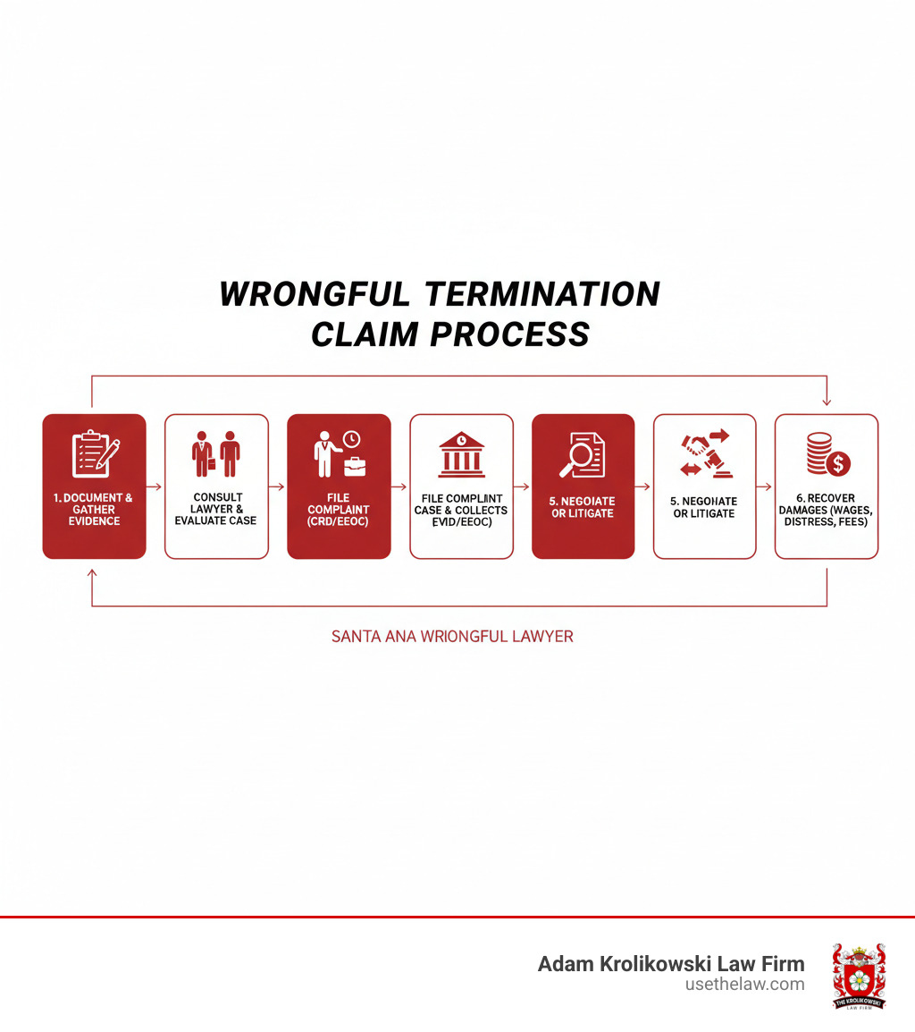 Infographic showing the wrongful termination claim process: 1) Document your termination and gather evidence 2) Consult with a wrongful termination lawyer for case evaluation 3) File complaint with CRD or EEOC within statute of limitations 4) Lawyer collects additional evidence and builds your case 5) Negotiate settlement or proceed to litigation 6) Recover damages including lost wages, emotional distress, and attorney fees - santa ana wrongful lawyer infographic 