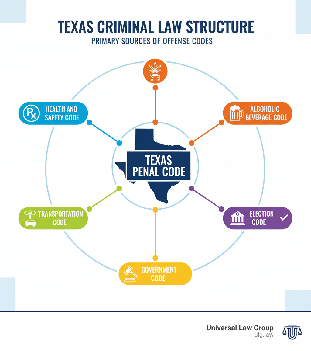 Infographic showing the structure of Texas criminal law with the Texas Penal Code at the center, connected to branches labeled Health and Safety Code, Transportation Code, Alcoholic Beverage Code, Election Code, and Government Code, with icons representing each category of offenses - texas criminal offense codes infographic 