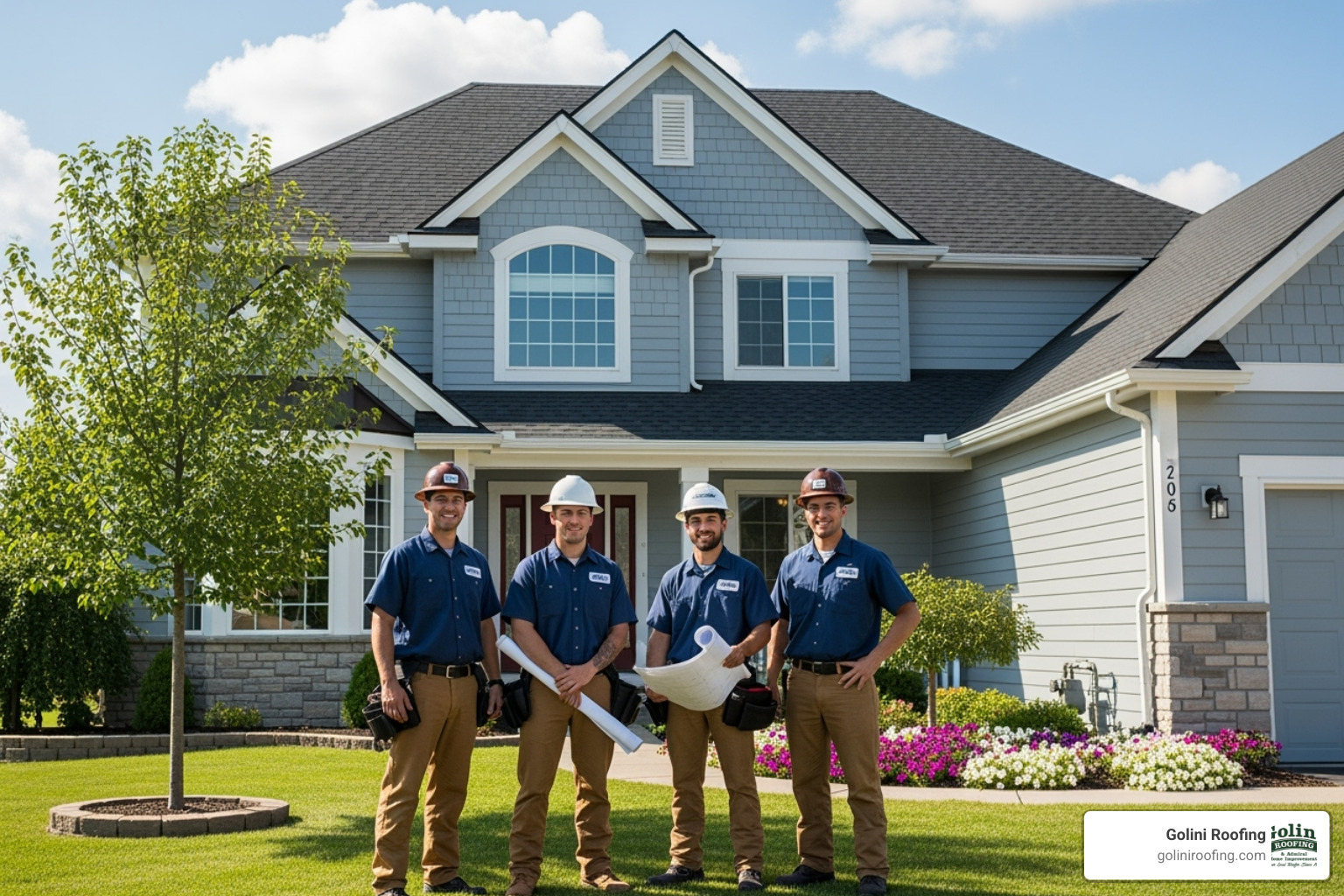 Image of the Golini Roofing team smiling in front of a completed project - residential roofing woburn ma Image of the Golini Roofing team smiling in front of a completed project - residential roofing woburn ma