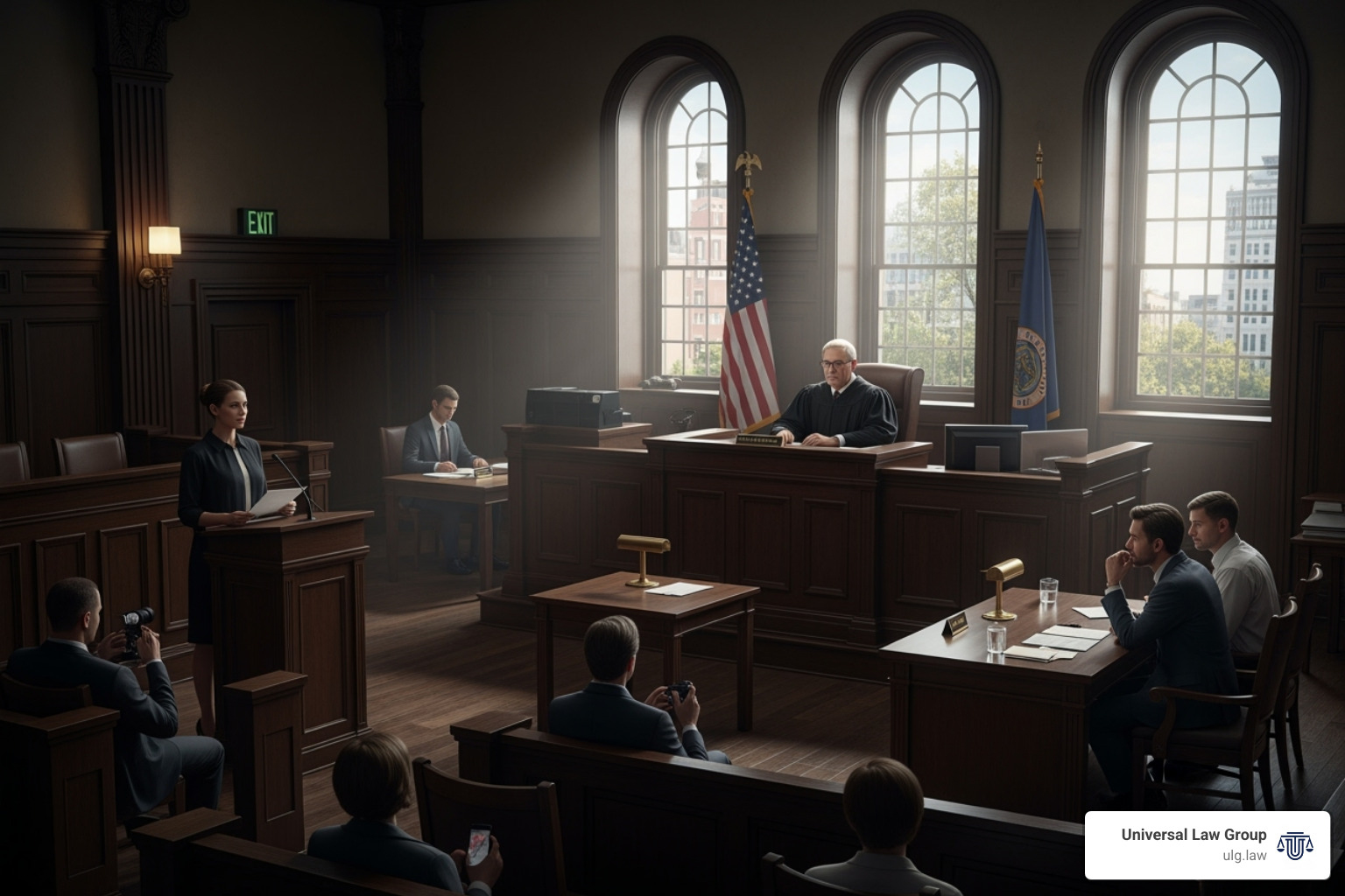 Courtroom scene with a judge, lawyers, and defendant - texas criminal offense codes