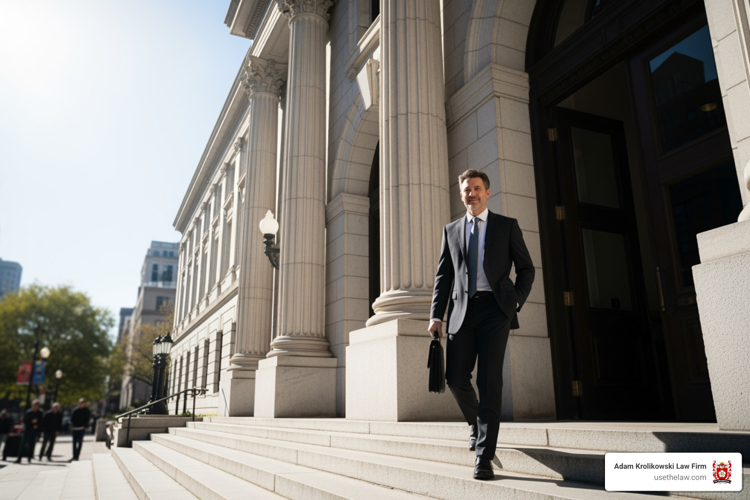 A person confidently walking out of a courthouse. - santa ana wrongful lawyer
