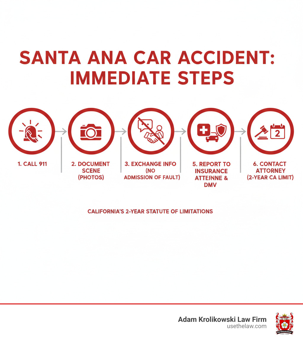 infographic showing immediate steps after a santa ana car accident including calling 911, documenting the scene with photos, exchanging information without admitting fault, seeking medical attention, reporting to insurance and DMV, and contacting a car accident attorney within California's two-year statute of limitations - auto accident attorney santa ana infographic 