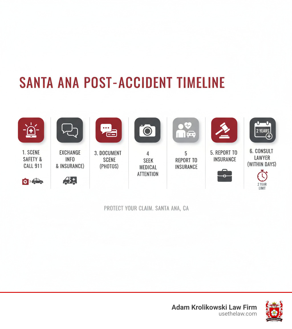 Infographic showing the critical post-accident timeline for Santa Ana residents: First, ensure scene safety and call 911 for police and medical response. Second, exchange contact and insurance information with all parties involved. Third, document the scene with photos of vehicle damage, road conditions, and injuries. Fourth, seek immediate medical attention even if you feel fine, as adrenaline can mask injuries. Fifth, report the accident to your insurance company. Finally, consult with a local Santa Ana car accident lawyer within days to protect your claim before the two-year statute of limitations begins. - car accident lawyer 92701 santa ana ca infographic Infographic showing the critical post-accident timeline for Santa Ana residents: First, ensure scene safety and call 911 for police and medical response. Second, exchange contact and insurance information with all parties involved. Third, document the scene with photos of vehicle damage, road conditions, and injuries. Fourth, seek immediate medical attention even if you feel fine, as adrenaline can mask injuries. Fifth, report the accident to your insurance company. Finally, consult with a local Santa Ana car accident lawyer within days to protect your claim before the two-year statute of limitations begins. - car accident lawyer 92701 santa ana ca infographic