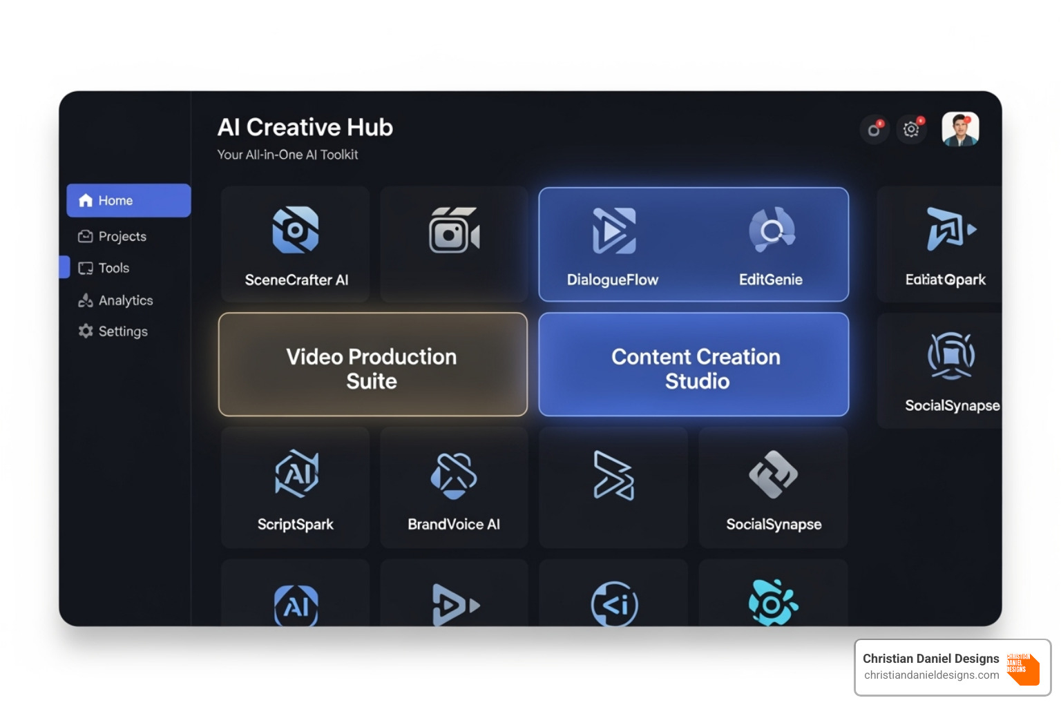 dashboard showing various AI tool logos with Christian Daniel Designs' AI video and content services highlighted - how to boost your productivity with ai tools videos
