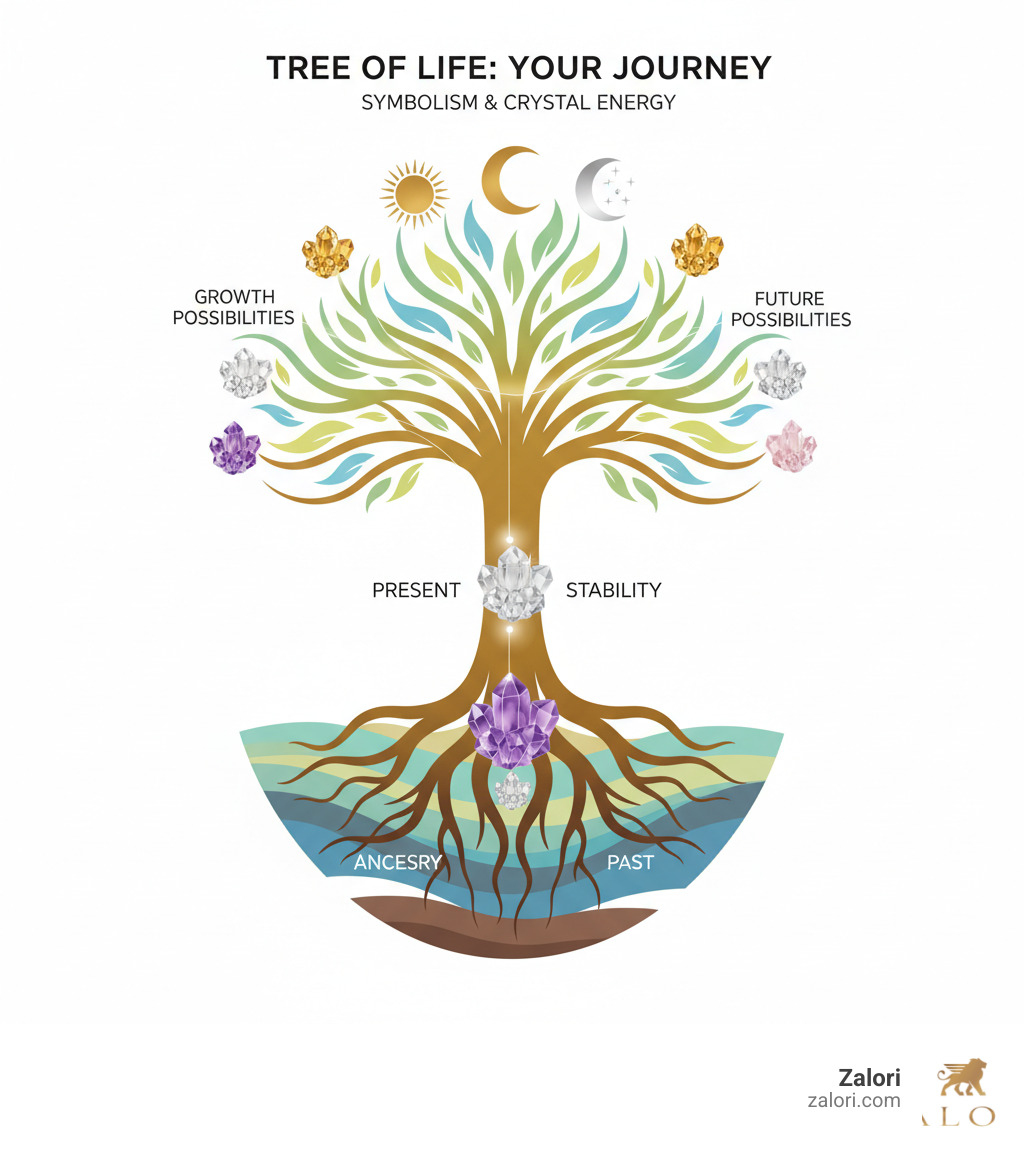 infographic showing the Tree of Life symbol with labeled roots extending into earth representing ancestry and past, a strong trunk in the center representing present stability and strength, and branches reaching upward toward sky representing growth and future possibilities, with crystal gemstones placed at key connection points throughout the tree - tree of life crystal necklace infographic infographic showing the Tree of Life symbol with labeled roots extending into earth representing ancestry and past, a strong trunk in the center representing present stability and strength, and branches reaching upward toward sky representing growth and future possibilities, with crystal gemstones placed at key connection points throughout the tree - tree of life crystal necklace infographic