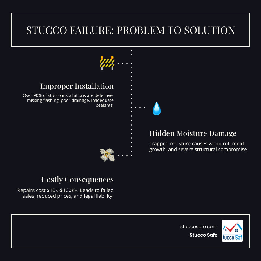 Infographic showing the stucco inspection process for home sales: Starting with improper installation (missing flashing, inadequate drainage, poor sealants) leading to moisture intrusion, which causes hidden damage (wood rot, mold growth, structural compromise), eventually resulting in costly repairs ($10,000 to $100,000+) and complicated home sales (failed negotiations, reduced prices, deal cancellations). The solution pathway shows pre-listing inspection for sellers and due diligence inspection for buyers, both leading to informed decisions, fair negotiations, and protected investments. - stucco inspection for home sale infographic infographic-line-3-steps-dark Infographic showing the stucco inspection process for home sales: Starting with improper installation (missing flashing, inadequate drainage, poor sealants) leading to moisture intrusion, which causes hidden damage (wood rot, mold growth, structural compromise), eventually resulting in costly repairs ($10,000 to $100,000+) and complicated home sales (failed negotiations, reduced prices, deal cancellations). The solution pathway shows pre-listing inspection for sellers and due diligence inspection for buyers, both leading to informed decisions, fair negotiations, and protected investments. - stucco inspection for home sale infographic infographic-line-3-steps-dark