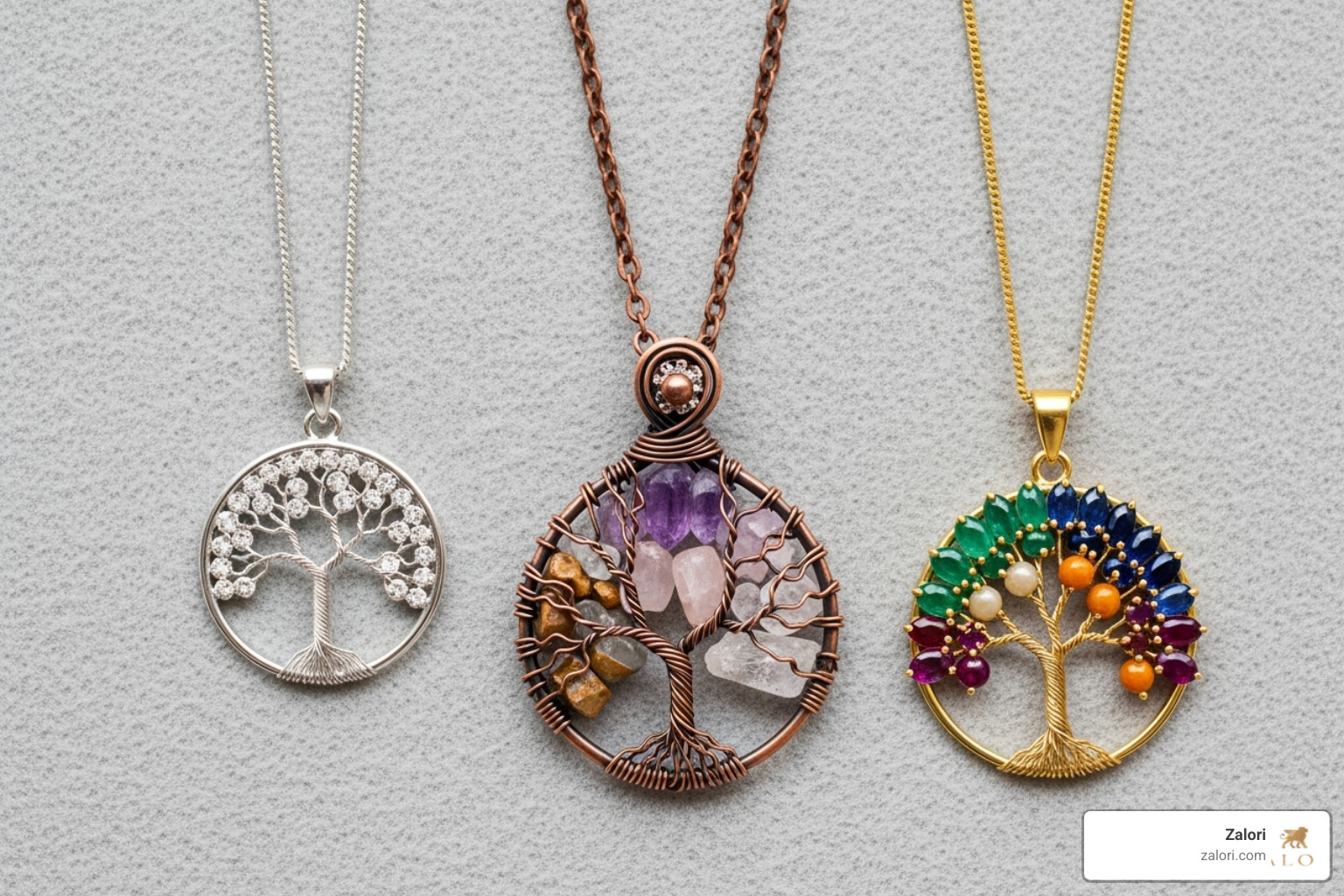 different Zalori styles: a minimalist silver necklace, a large wire-wrapped copper piece, and a gold pendant with set stones - tree of life crystal necklace different Zalori styles: a minimalist silver necklace, a large wire-wrapped copper piece, and a gold pendant with set stones - tree of life crystal necklace