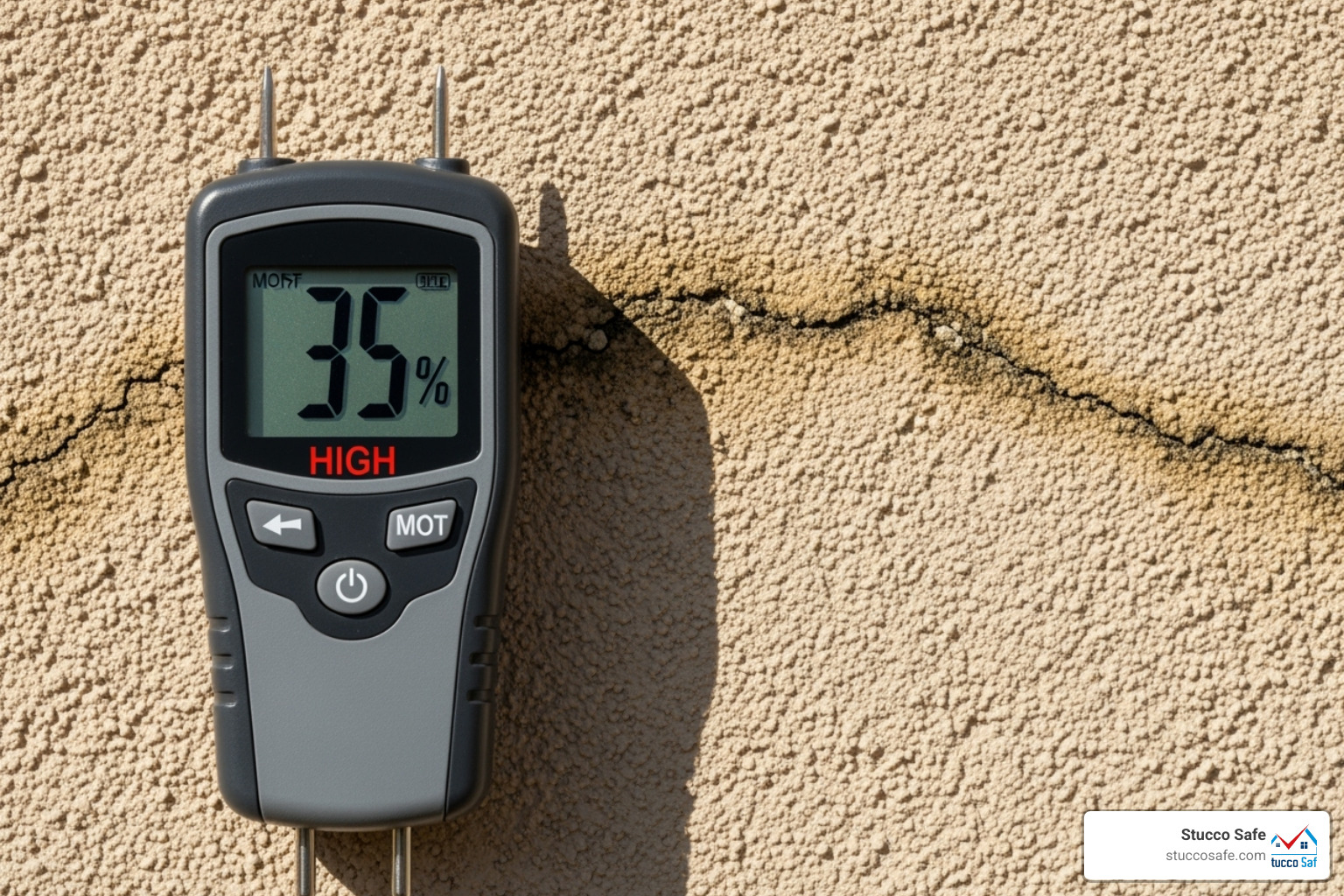 Moisture meter showing high reading on a stucco wall - stucco inspection for home sale Moisture meter showing high reading on a stucco wall - stucco inspection for home sale