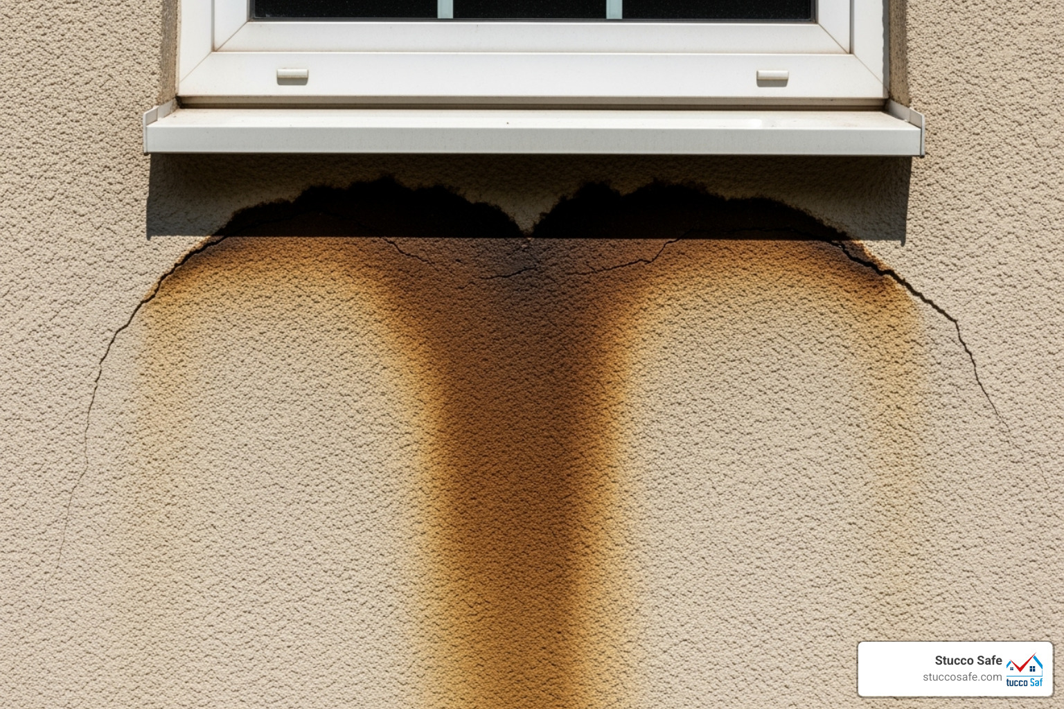 Visible water stain beneath a window on a stucco wall - stucco inspection for home sale Visible water stain beneath a window on a stucco wall - stucco inspection for home sale