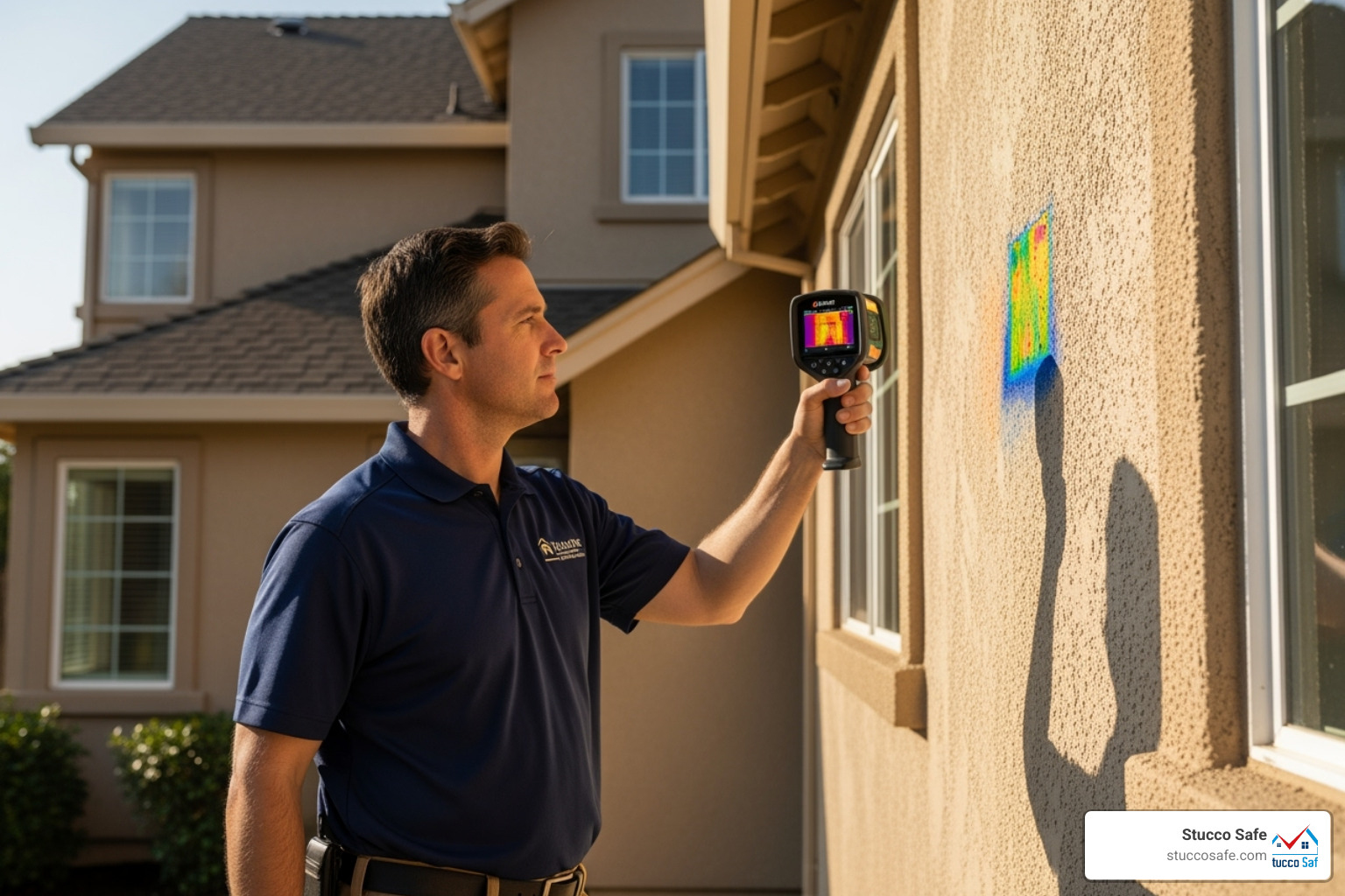 Inspector using an infrared thermal camera on a stucco wall - stucco inspection for home sale Inspector using an infrared thermal camera on a stucco wall - stucco inspection for home sale