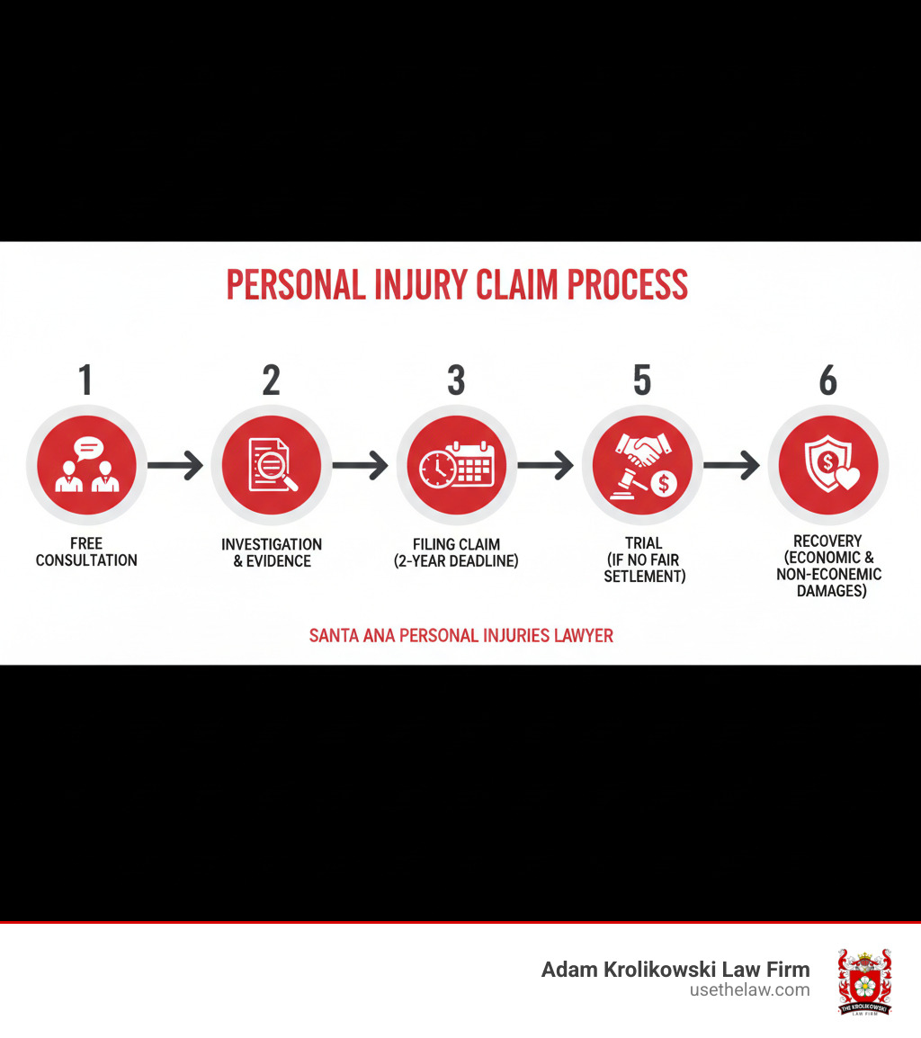 infographic showing the personal injury claim process: 1. Free consultation to evaluate your case, 2. Investigation and evidence gathering, 3. Filing your claim before the 2-year deadline, 4. Negotiation with insurance companies, 5. Trial if settlement isn't fair, 6. Recovery of economic and non-economic damages - santa ana personal injuries lawyer infographic infographic showing the personal injury claim process: 1. Free consultation to evaluate your case, 2. Investigation and evidence gathering, 3. Filing your claim before the 2-year deadline, 4. Negotiation with insurance companies, 5. Trial if settlement isn't fair, 6. Recovery of economic and non-economic damages - santa ana personal injuries lawyer infographic