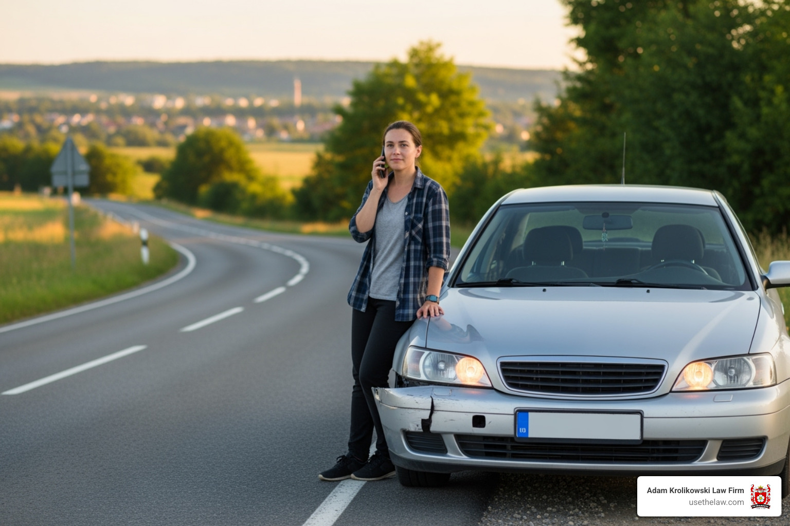 A person safely on the phone by the side of the road after an accident. - santa ana personal injuries lawyer A person safely on the phone by the side of the road after an accident. - santa ana personal injuries lawyer