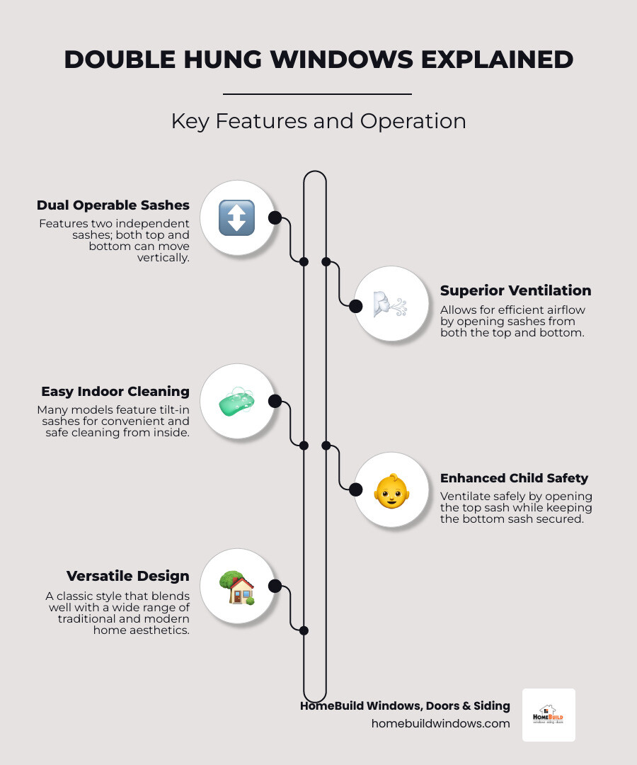 Infographic detailing the key features and benefits of double hung windows including dual sash operation, tilt-in cleaning, ventilation options, and energy efficiency potential - double hung windows infographic infographic-line-5-steps-elegant_beige