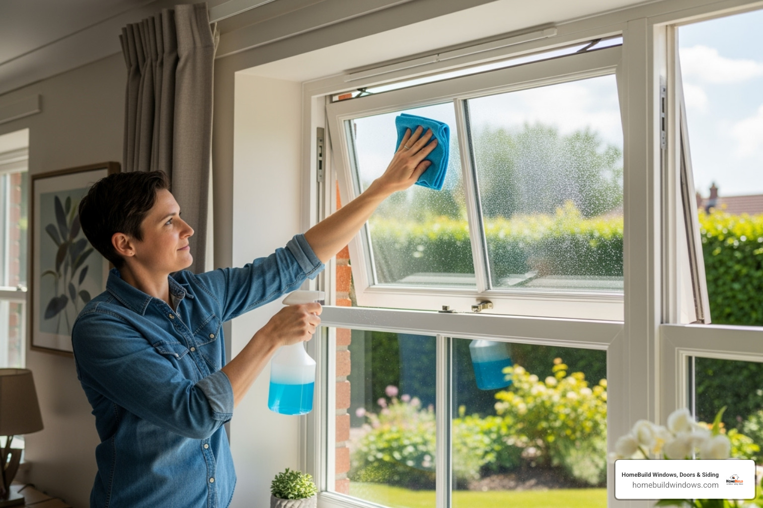 person easily cleaning the exterior of a double-hung window from inside by tilting the sash - double hung windows