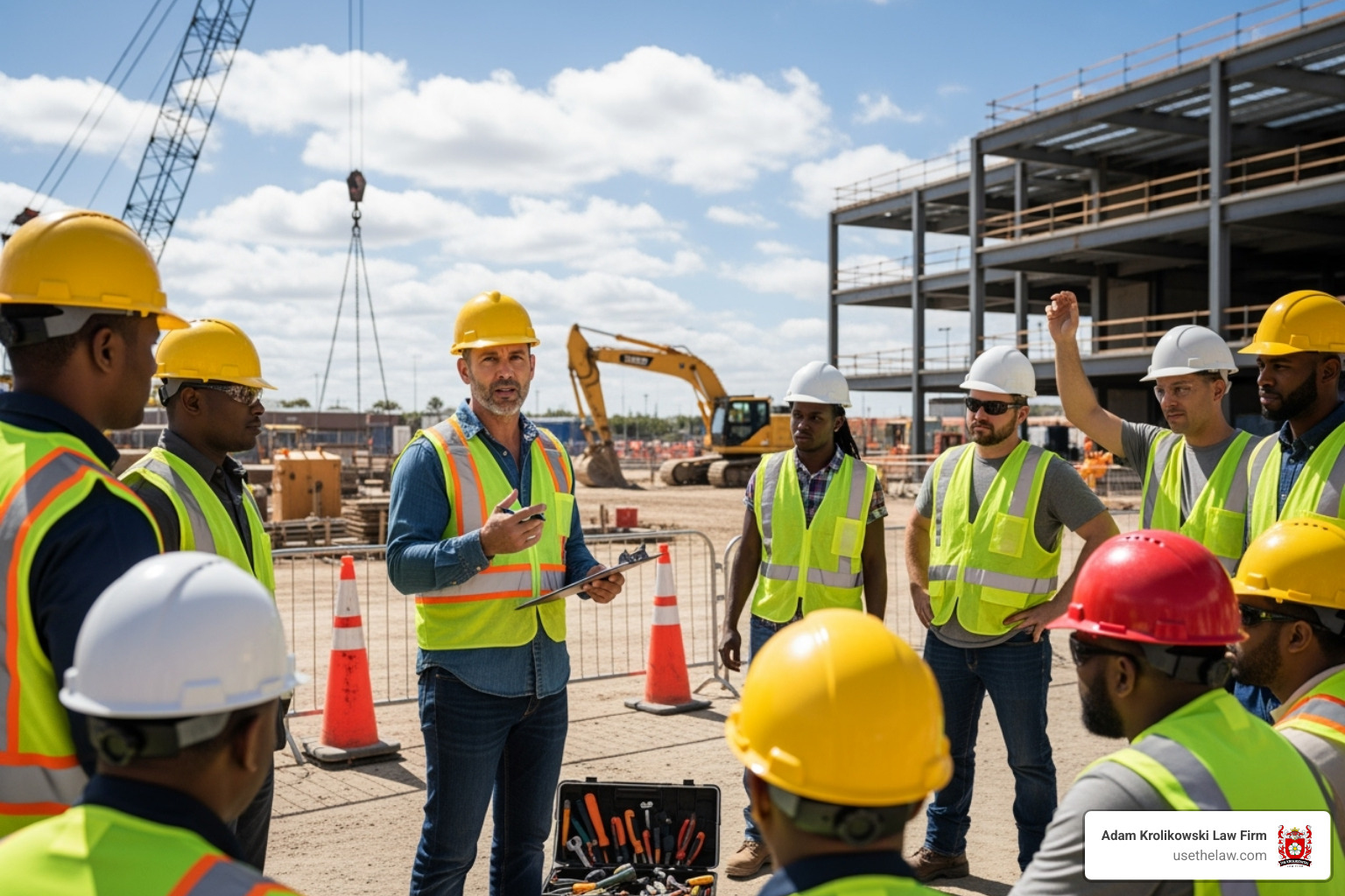 supervisor leading a toolbox talk with an engaged crew - construction site safety supervisor leading a toolbox talk with an engaged crew - construction site safety