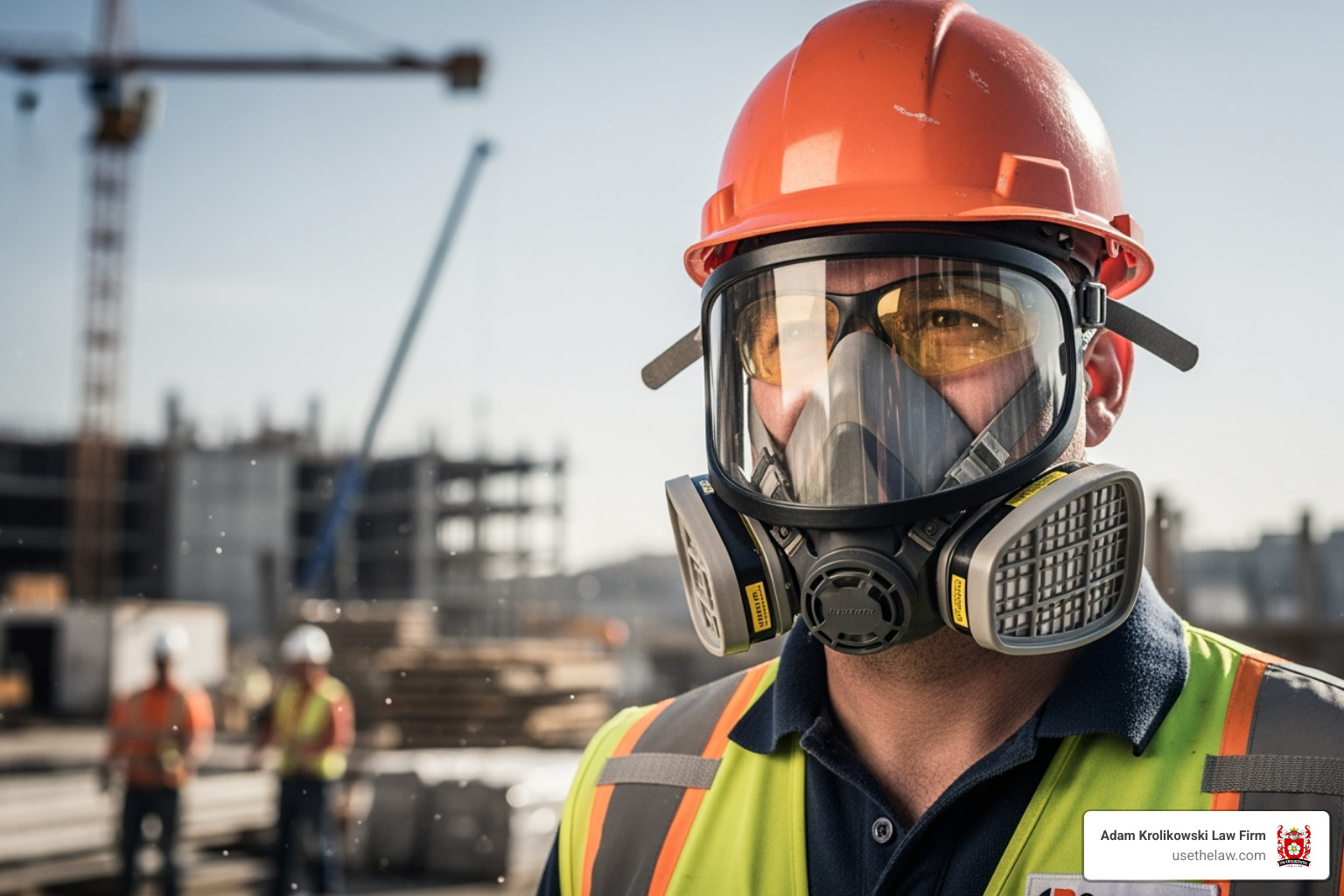 worker wearing a high-quality respirator and safety glasses - construction site safety worker wearing a high-quality respirator and safety glasses - construction site safety