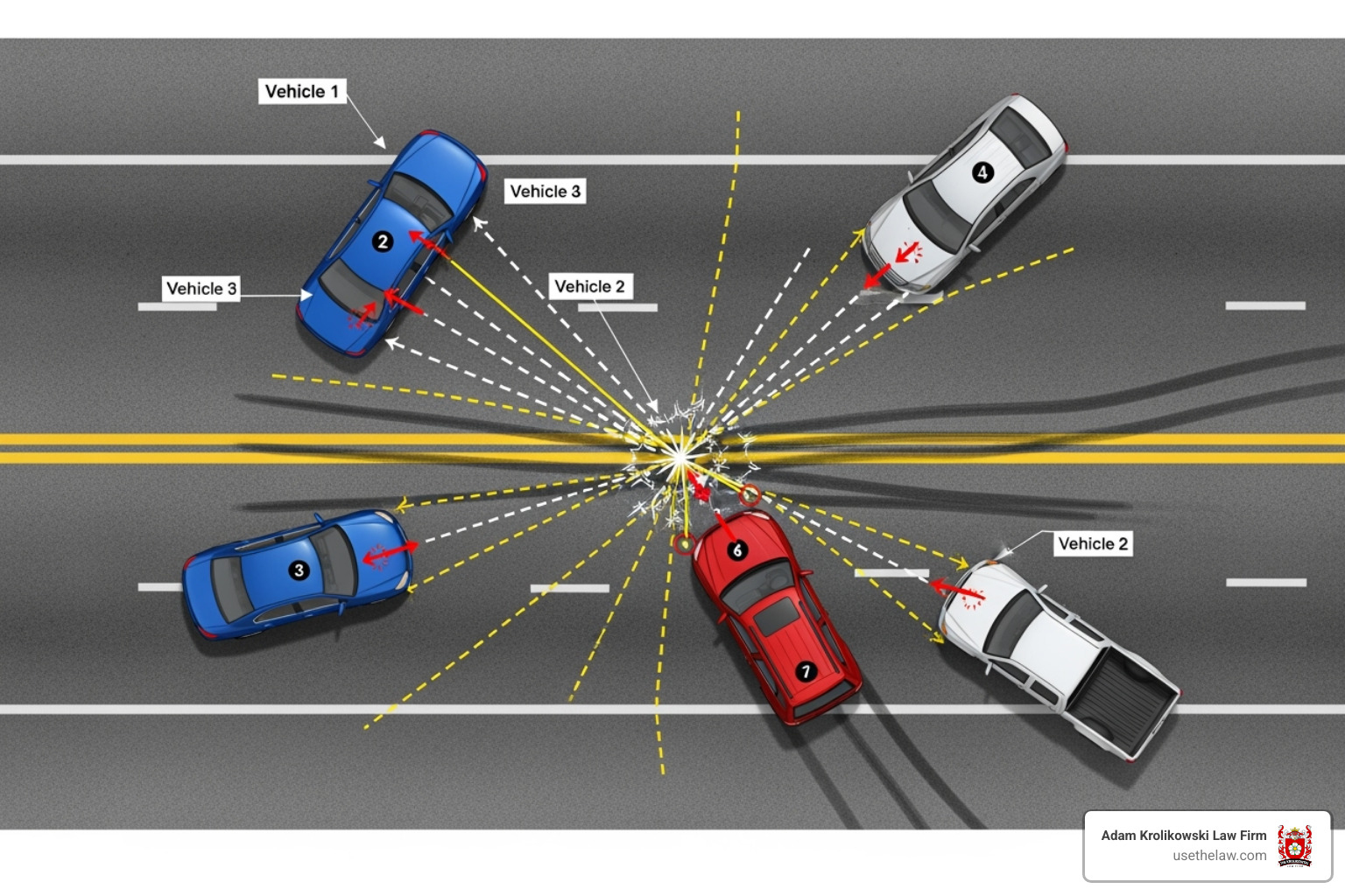 A detailed diagram showing the reconstruction of a multi-vehicle accident scene - catastrophic injury lawyer A detailed diagram showing the reconstruction of a multi-vehicle accident scene - catastrophic injury lawyer