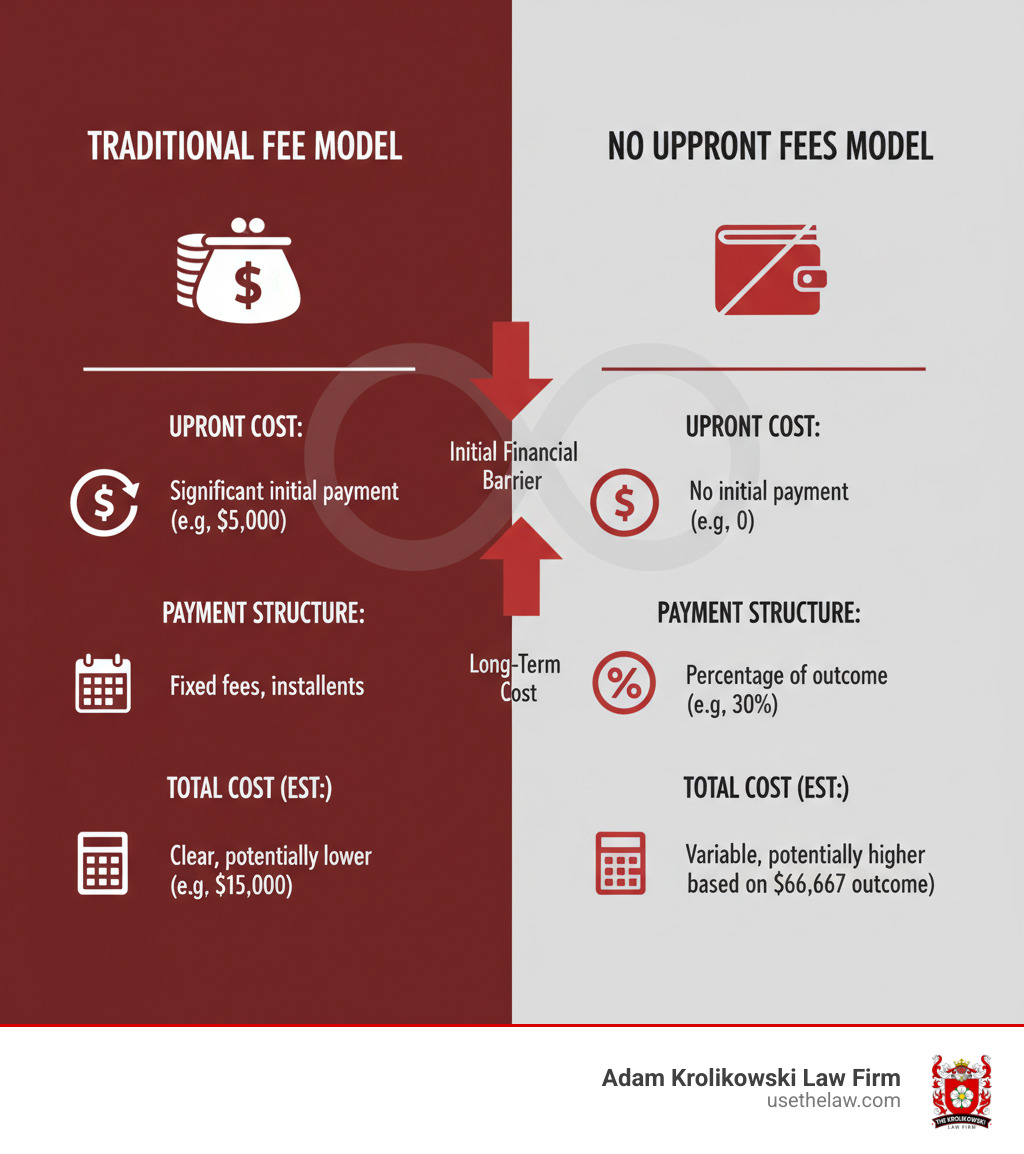 TABLE comparing the potential total cost of a service with a traditional fee vs. a 'no upfront fees' model with a higher percentage-based fee - no upfront fees infographic TABLE comparing the potential total cost of a service with a traditional fee vs. a 'no upfront fees' model with a higher percentage-based fee - no upfront fees infographic