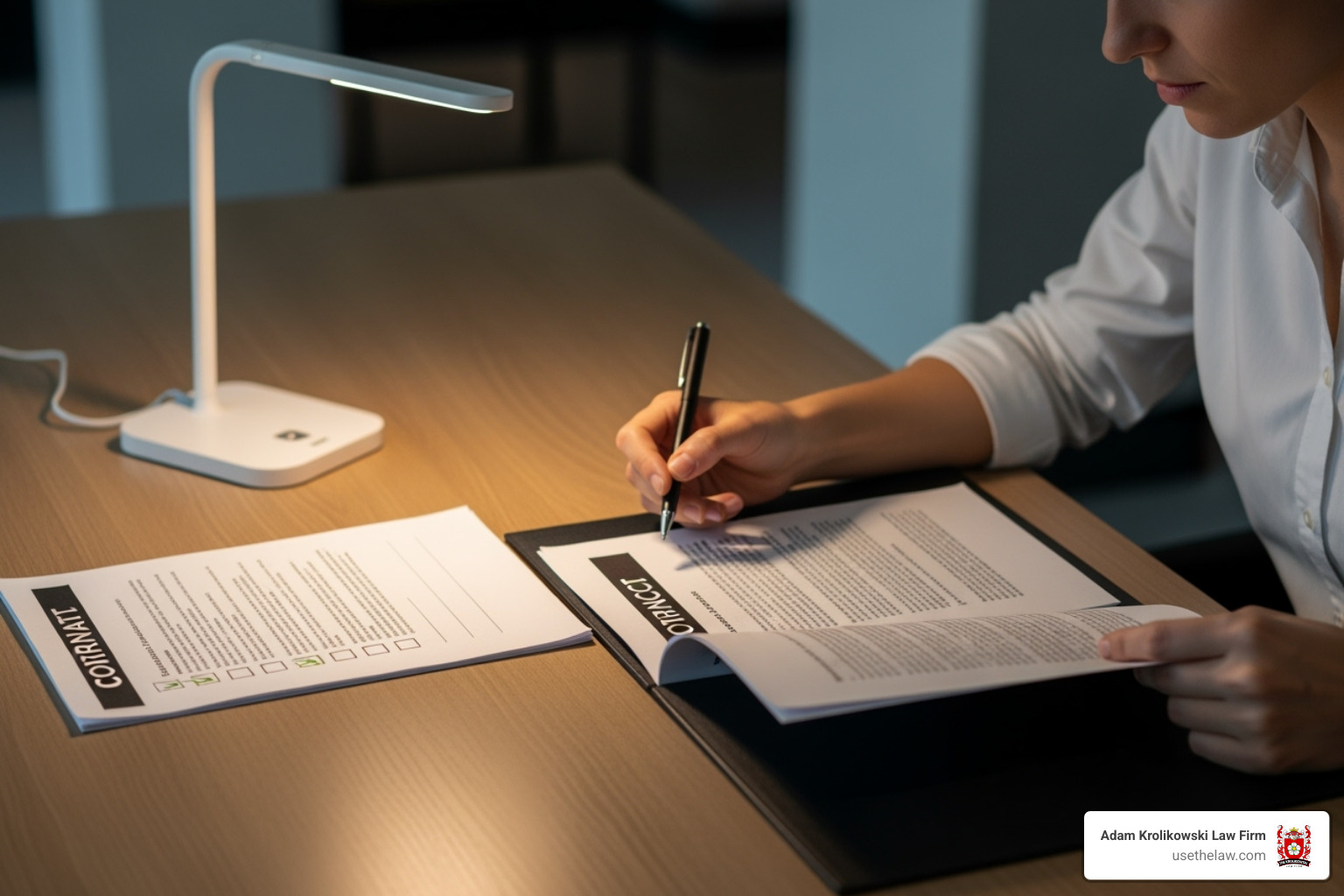 A person carefully reading a contract with a checklist next to them, emphasizing attention to detail - no upfront fees A person carefully reading a contract with a checklist next to them, emphasizing attention to detail - no upfront fees