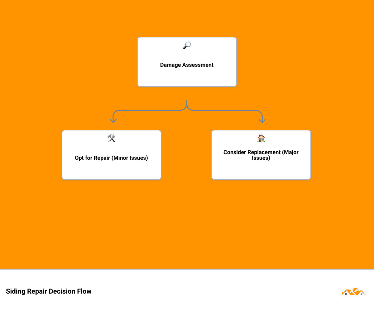 Infographic showing the siding repair decision process: Inspection reveals damage type and extent, then splits into two paths - Repair (for isolated cracks, small holes, loose panels, or minor water damage) versus Replace (for widespread rot, extensive warping, frequent repairs needed, or damage covering large areas) versus Replace (for widespread rot, extensive warping, frequent repairs needed, or damage covering large areas). Both paths lead to restored home protection, improved energy efficiency, and enhanced curb appeal. - Siding repair Smyrna infographic hierarchy