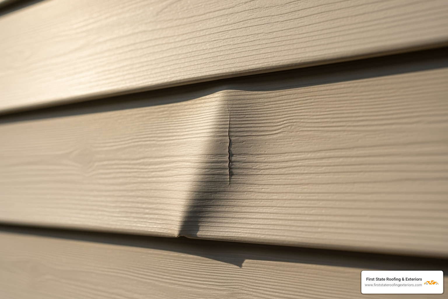 A close-up shot showing warped vinyl siding with a small crack. - Siding repair Smyrna