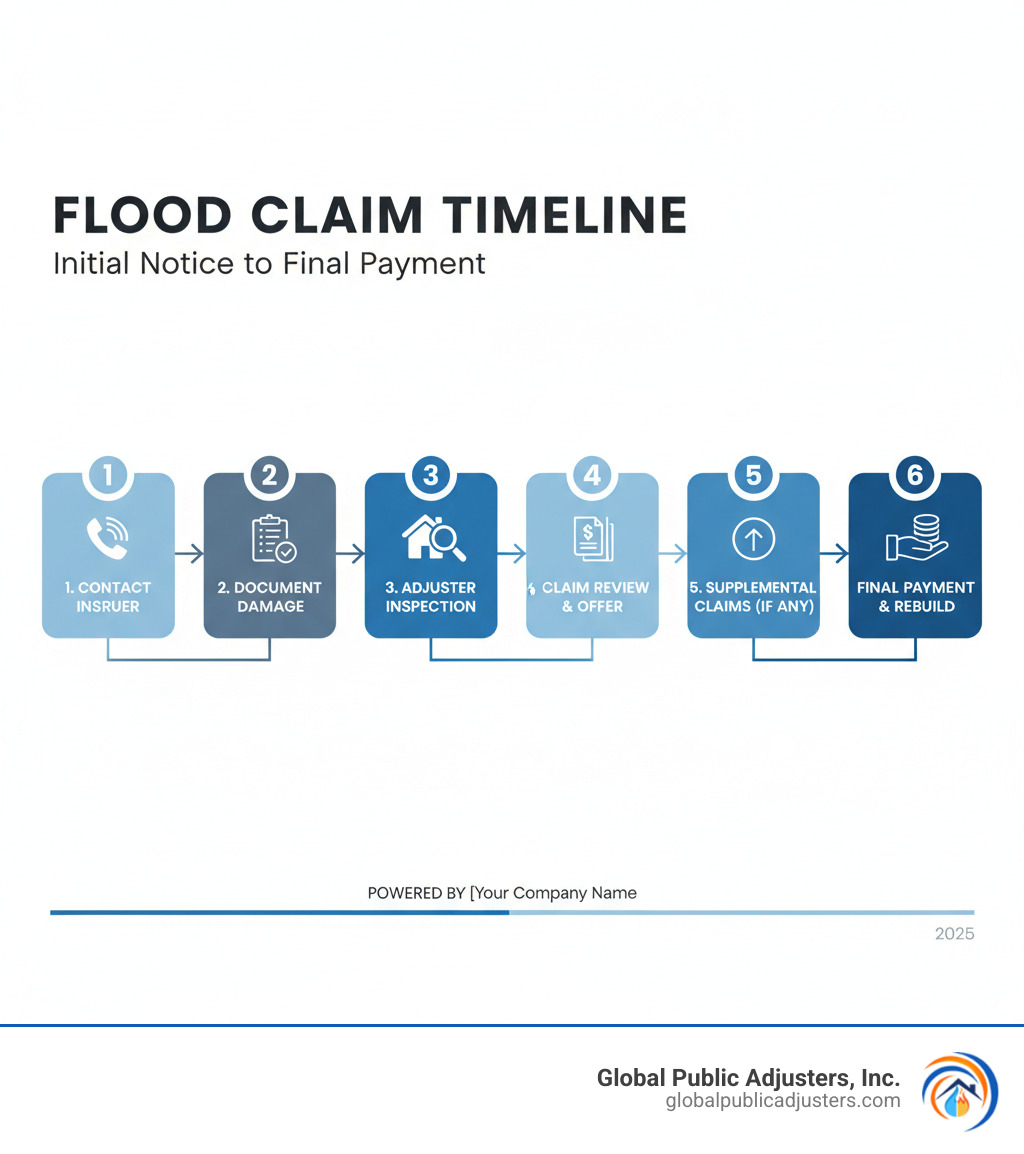 infographic showing the flood claim timeline from initial notice to final payment - flood damage claims infographic 