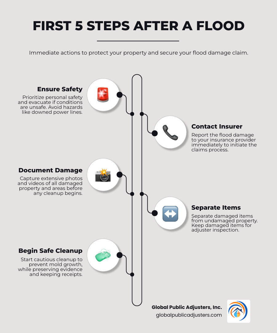 infographic showing the first 5 steps after a flood: 1. Ensure safety and evacuate if necessary, 2. Contact your flood insurance provider immediately to report the loss, 3. Document all damage with photos and videos before cleanup, 4. Separate damaged items from undamaged property, 5. Begin safe cleanup to prevent mold growth while preserving evidence - flood damage claims infographic infographic-line-5-steps-elegant_beige