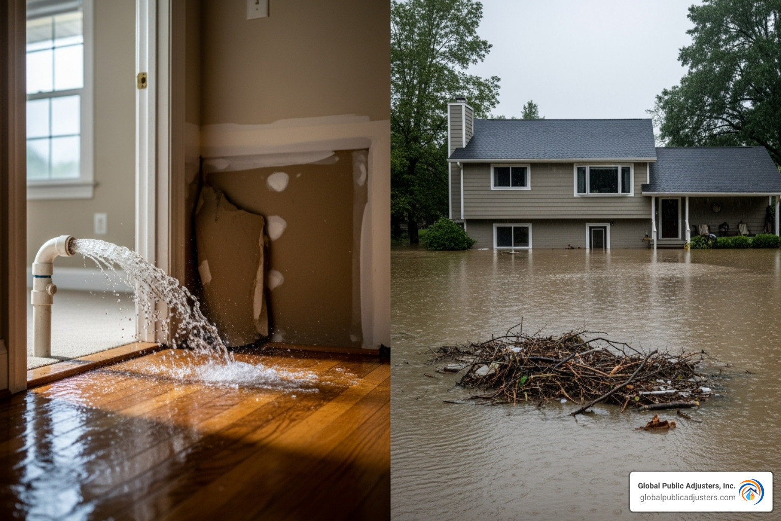 comparing a burst pipe inside a house to rising floodwaters outside - flood damage claims