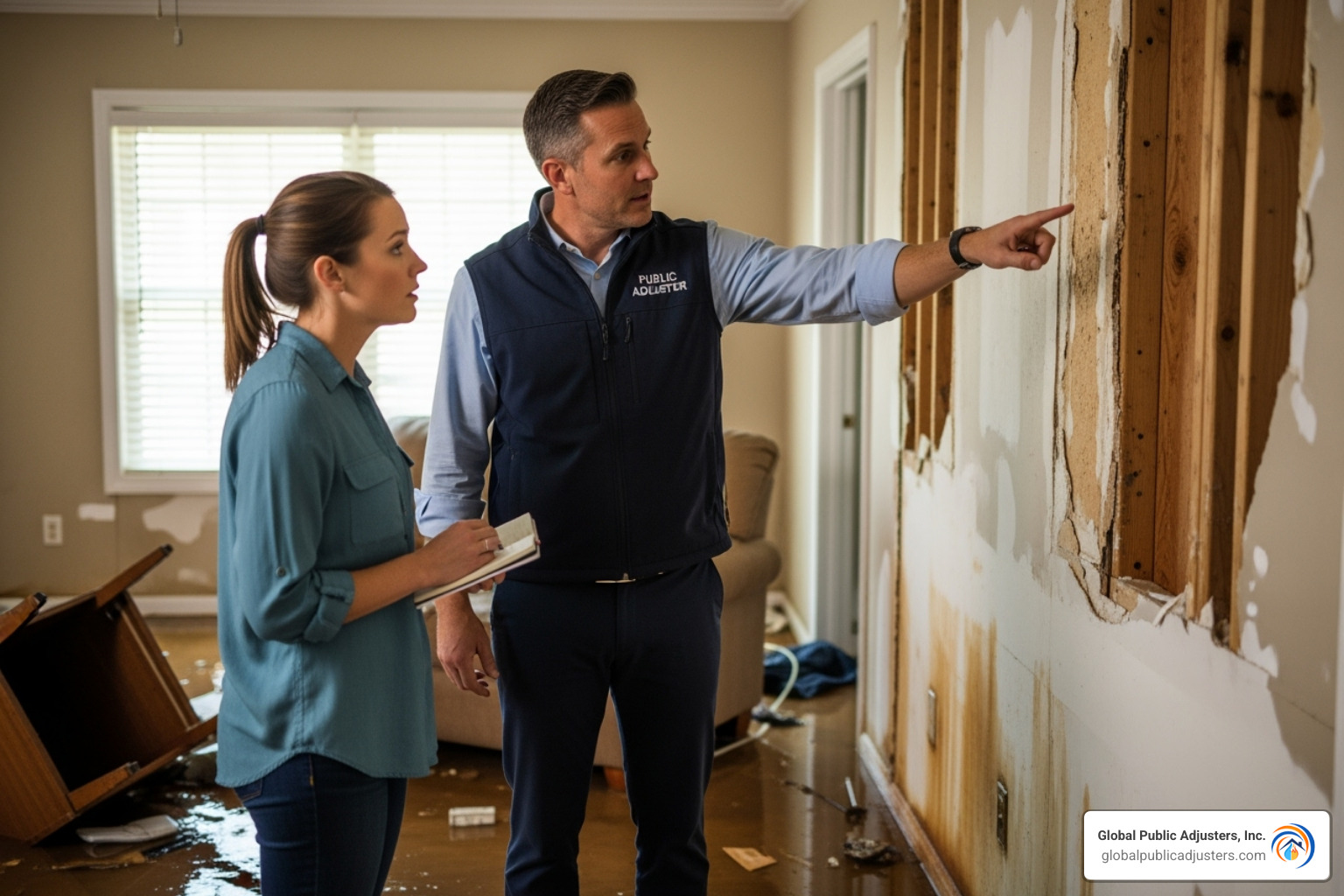 public adjuster inspecting flood damage with a homeowner - flood damage claims
